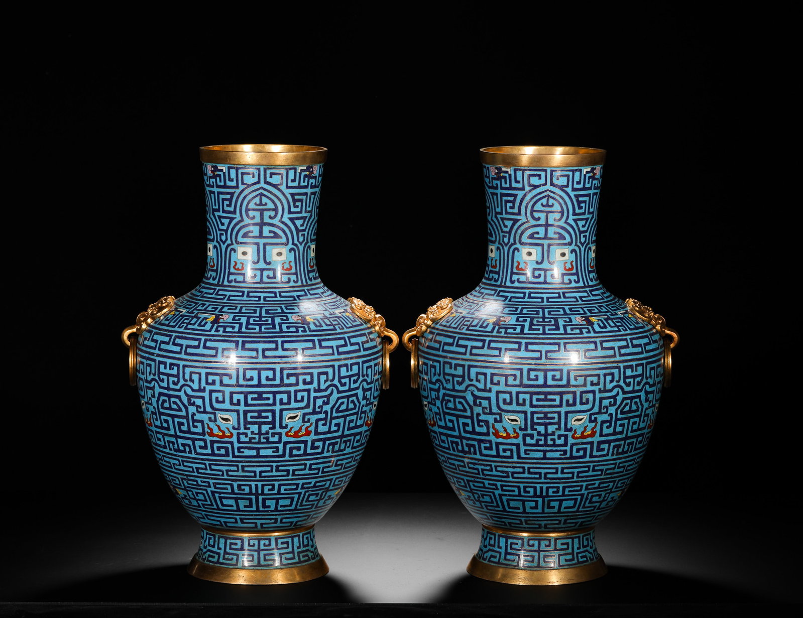 QING DYNASTY QIANLONG COPPER CLOISONNE ENAMEL LARGE VASE: HEIGHT:46CM (18.11IN) WIDTH:32CM (12.60IN) WEIGHT:5640G (12.43LB) PAIR OF QIANLONG PERIOD CLOISONNE LARGE VASES WITH BEAST-HEAD RING HANDLES, GILT COPPER BODY WITH FOUR-CHARACTER SQUARE MARK QIANLONG 