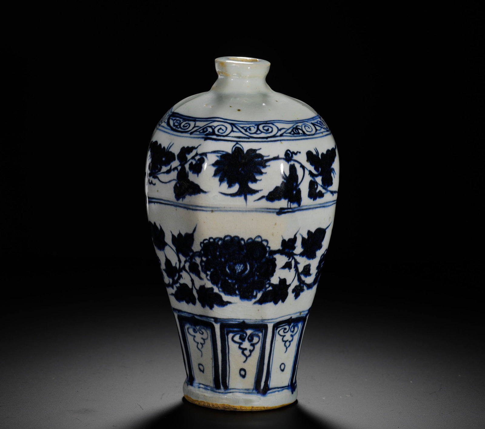 YUAN BLUE AND WHITE PLUM VASE WITH ENTWINED PEONY PATTERNS: H:22CM (8.66IN) W:12CM (4.72IN) WEIGHT:800G (1.76LB) THIS IS A YUAN DYNASTY PORCELAIN VASE FROM THE JINGDEZHEN KILN. WITH A TALL, ELEGANT FORM, IT IS DECORATED WITH PEONY SCROLLS IN RICH, DEEP BLUE, E