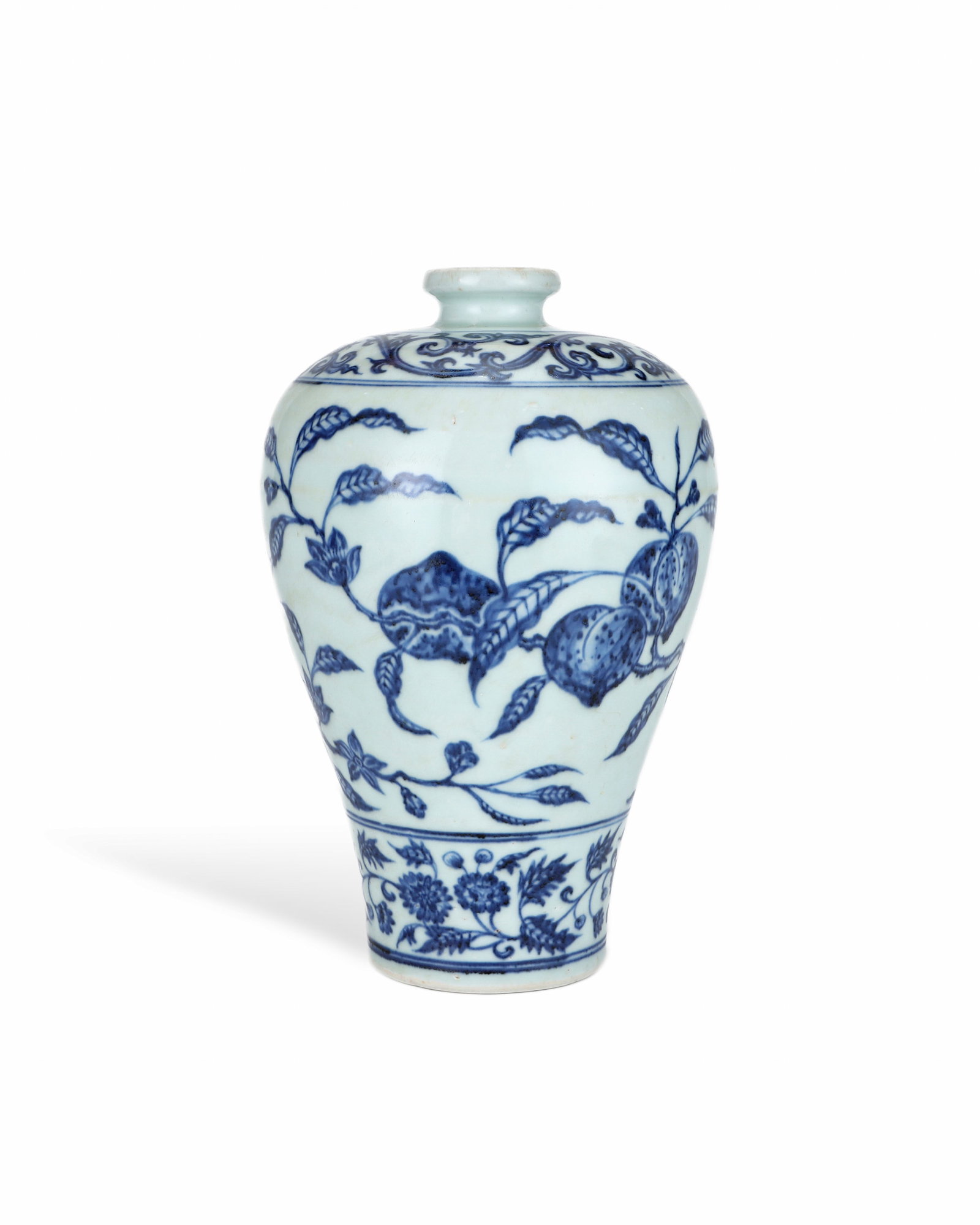MING YONGLE BLUE AND WHITE BROKEN BRANCH LONGEVITY PEACH PLUM VASE: L: 14.8CM H: 22.5CM
