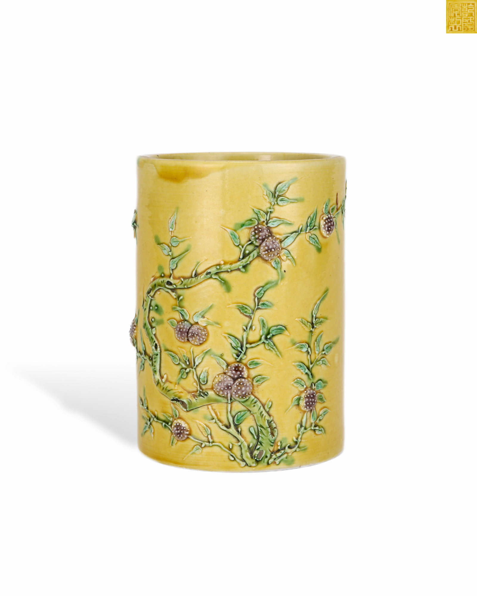 QING DYNASTY QIANLONG YELLOW GLAZED PILE-SHAPED PEN HOLDER WITH LONGEVITY AND HAPPINESS PATTERNS: L: 7.7CM H: 10.7CM