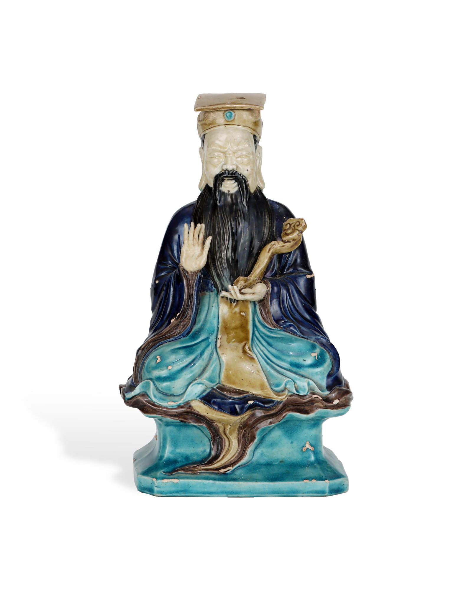 MING PLAIN TRICOLOR SEATED STATUE OF LAOZI: L:14CM H:24CM
