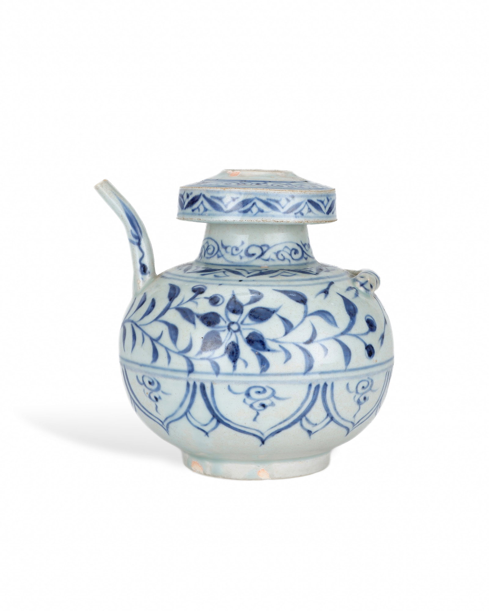 YUAN DYNASTY BLUE AND WHITE ENTWINED FLORAL PATTERN JUNCHI: L: 13.5CM H: 14CM