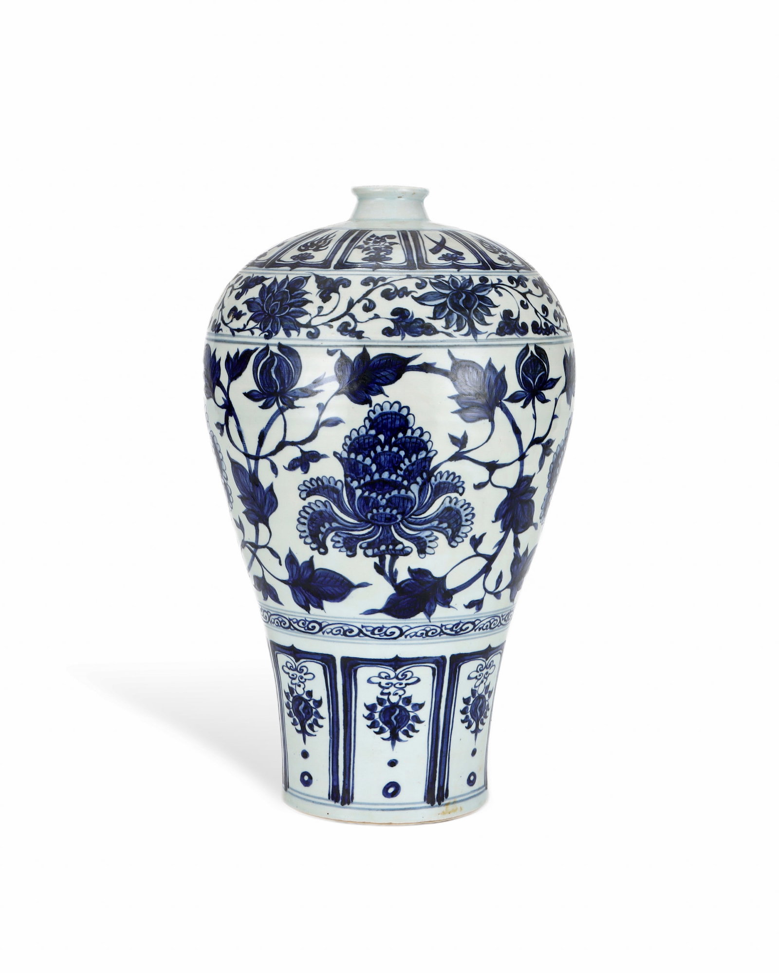 YUAN BLUE AND WHITE PEONY PATTERNED PLUM VASE: H: 42.5CM W: 25.5CM