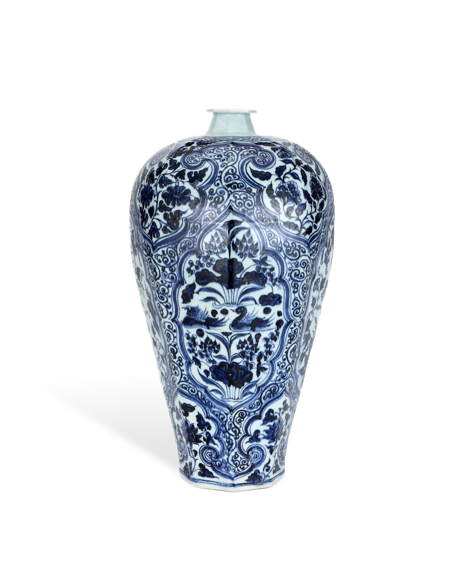 YUAN BLUE AND WHITE FLOWER LOTUS POND MANDARIN DUCK PATTERN PLUM VASE: H: 45.7CM W: 25.3CM