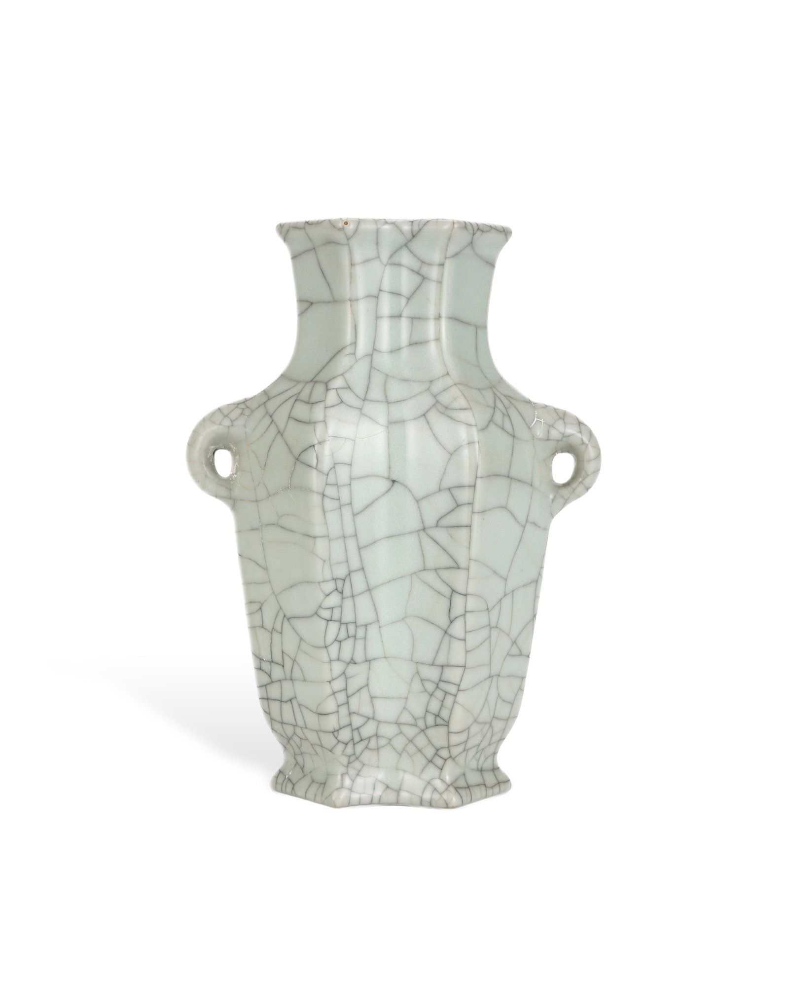 QING DYNASTY QIANLONG IMITATION GE GLAZE DOUBLE-EARED VASE: H: 22.7CM W: 16.5CM