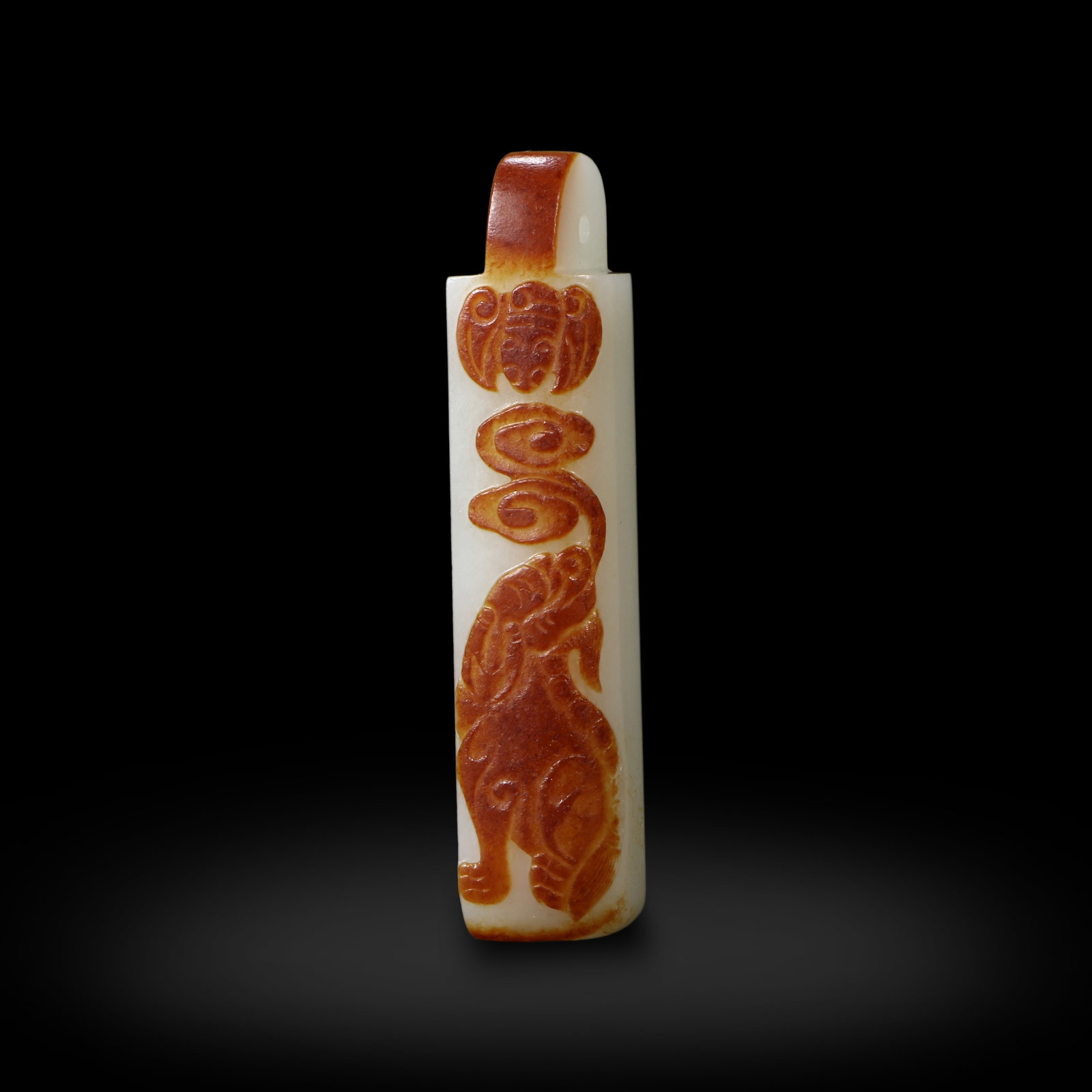 Qing Dynasty Official??s Plume Tube Carved with Auspicious Beasts, Hetian Jade: H:8.3cm W:1.8cm