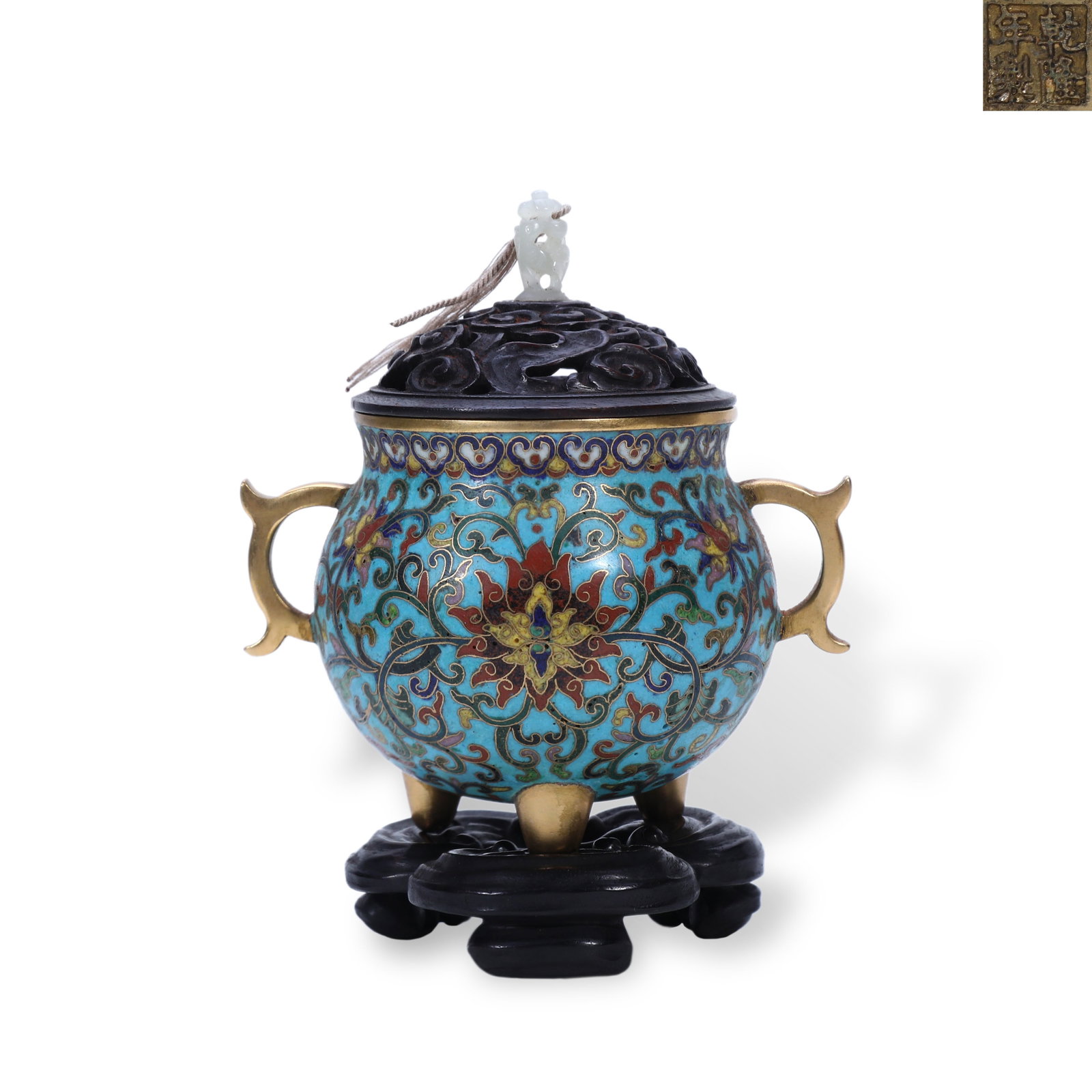 Qing Dynasty Qianlong Period, Tripod Censer with Interlocking Lotus, Cloisonn?? Enamel on Copper: H:13.3cm/H:7.9cm W:10.8cm