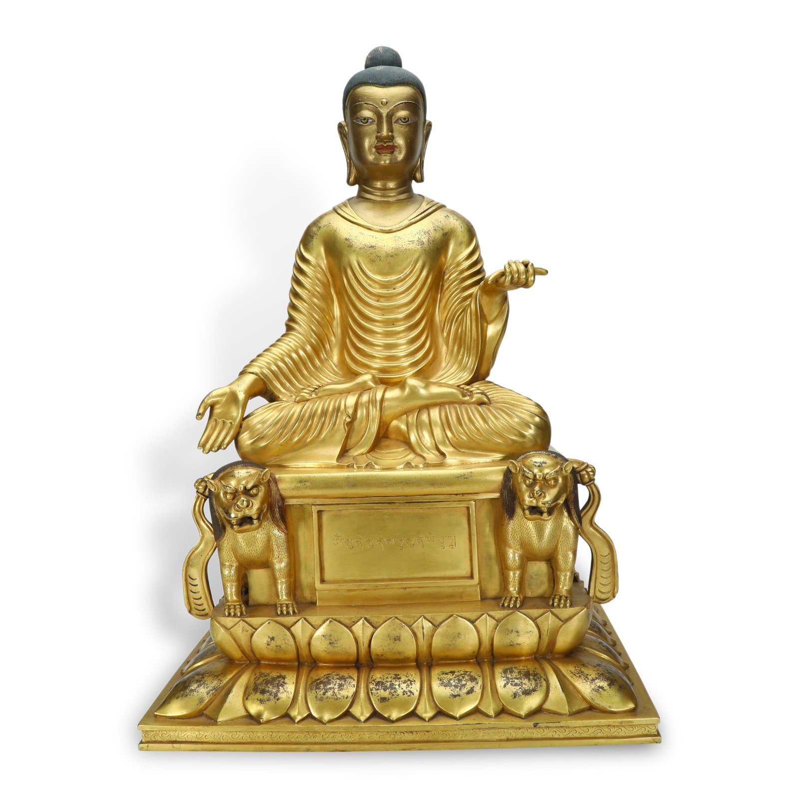 Qing Dynasty Gilded Copper Seated Shakyamuni Buddha on Lion Throne: H:48.5cm W:33.5cm