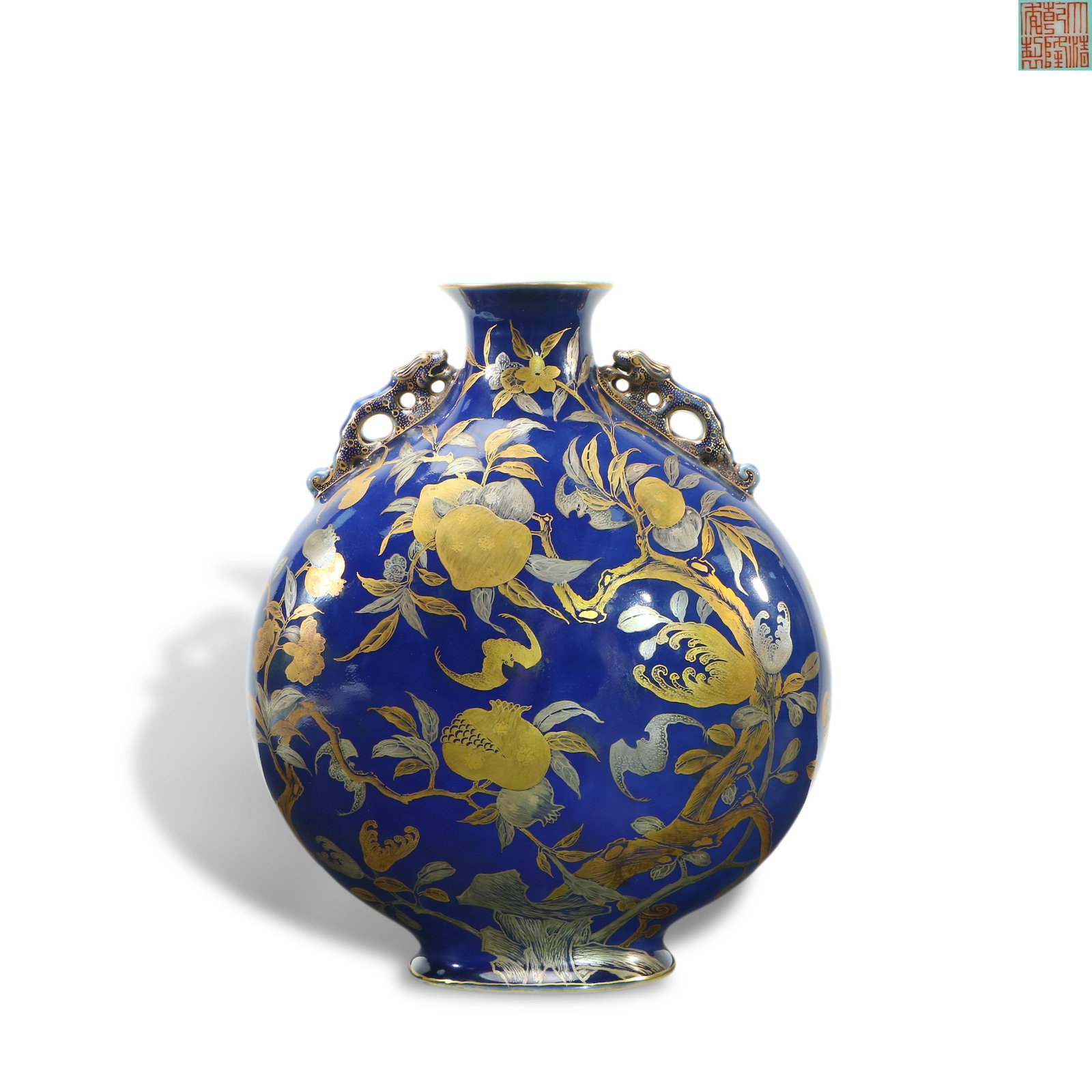 Qianlong period Qing Dynasty Sapphire blue glaze moon flask with foreign gold-silver colored Fu-Shou: H:30cm W:23.5cm