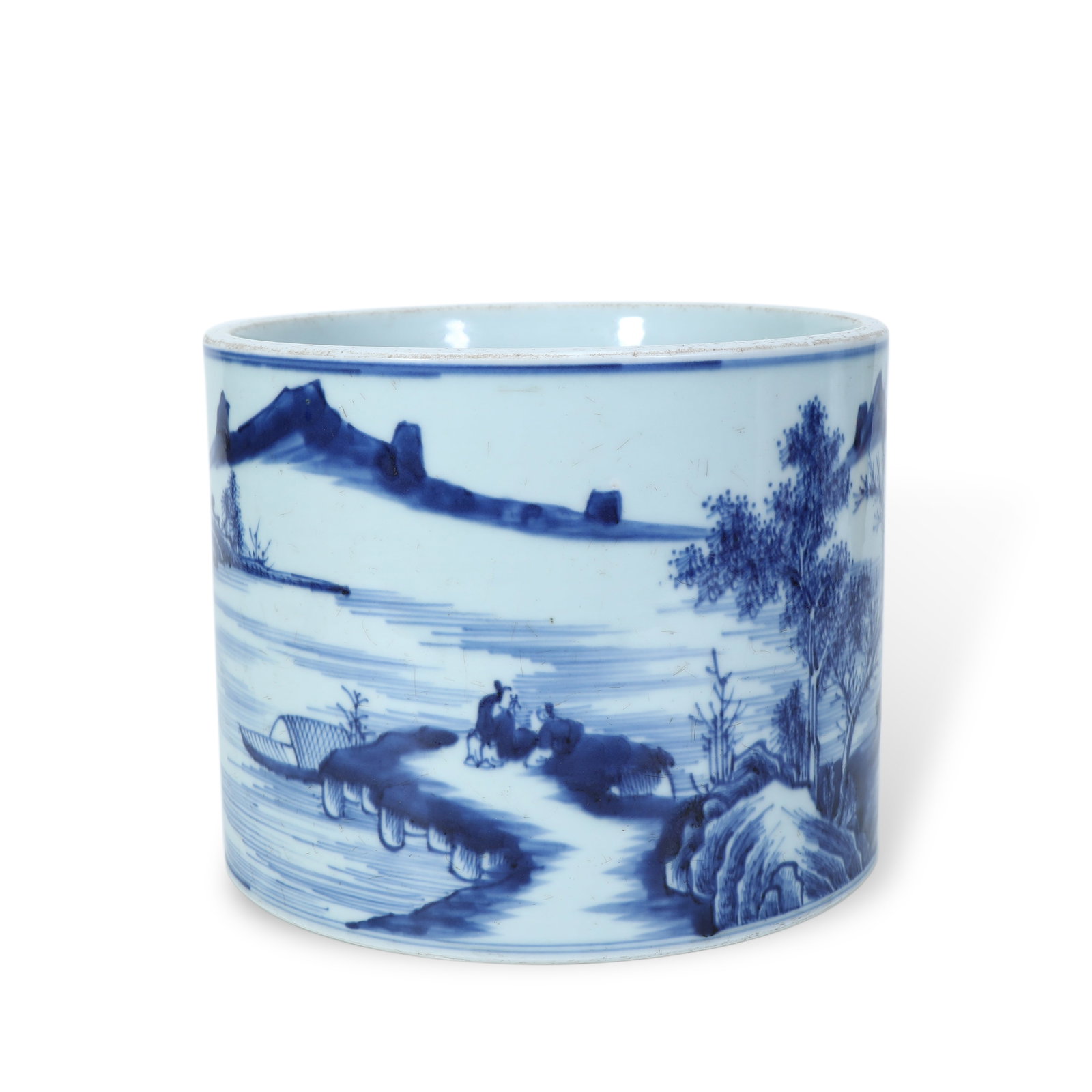 Qing Dynasty Kangxi Period, Brush Pot with Landscapes and Figures: H:15.3cm D:18.7cm