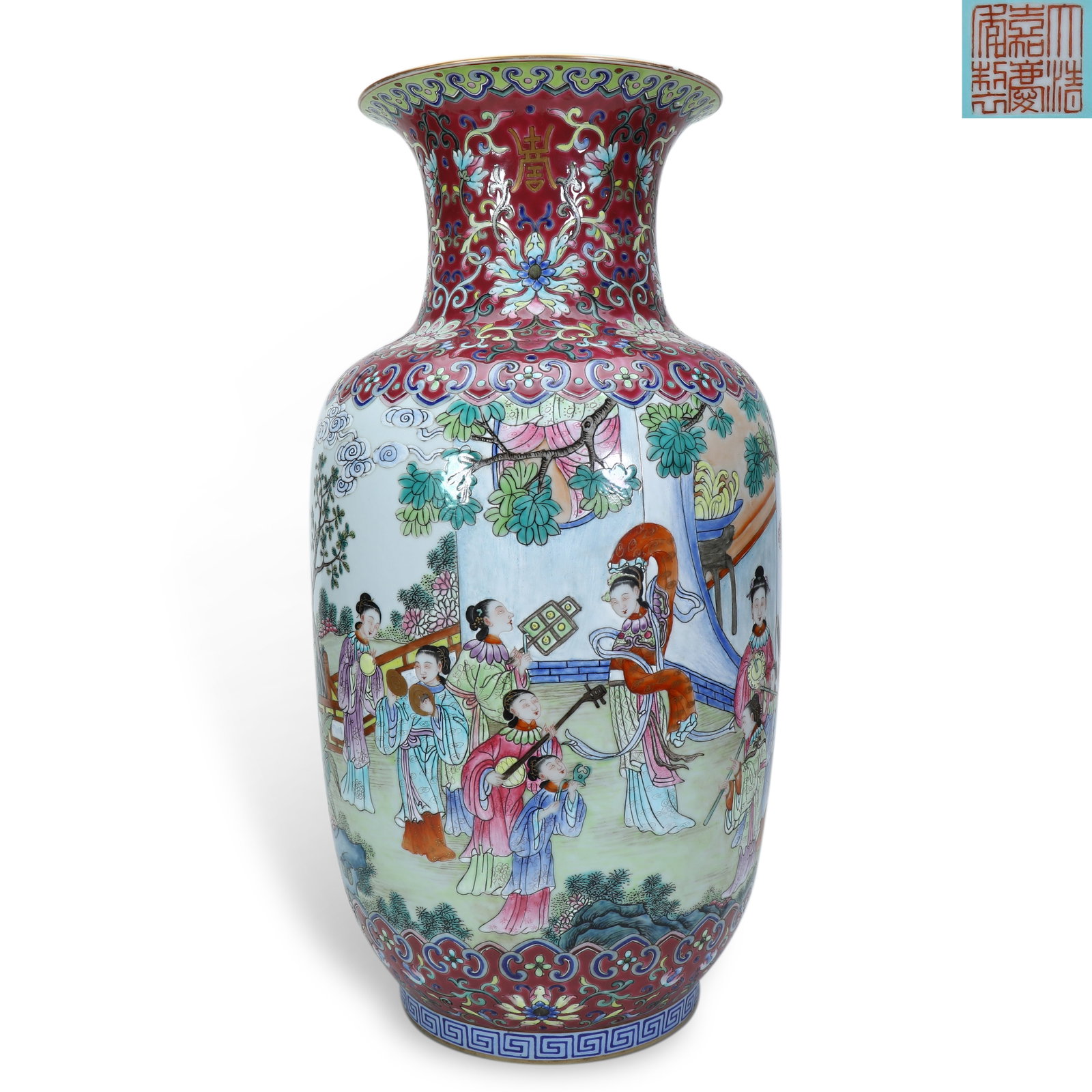 Qing Dynasty Jiaqing Period, Lantern Vase with Ladies Playing Music and Dancing on Rouge Red Ground: H:43.3cm D:21.7cm