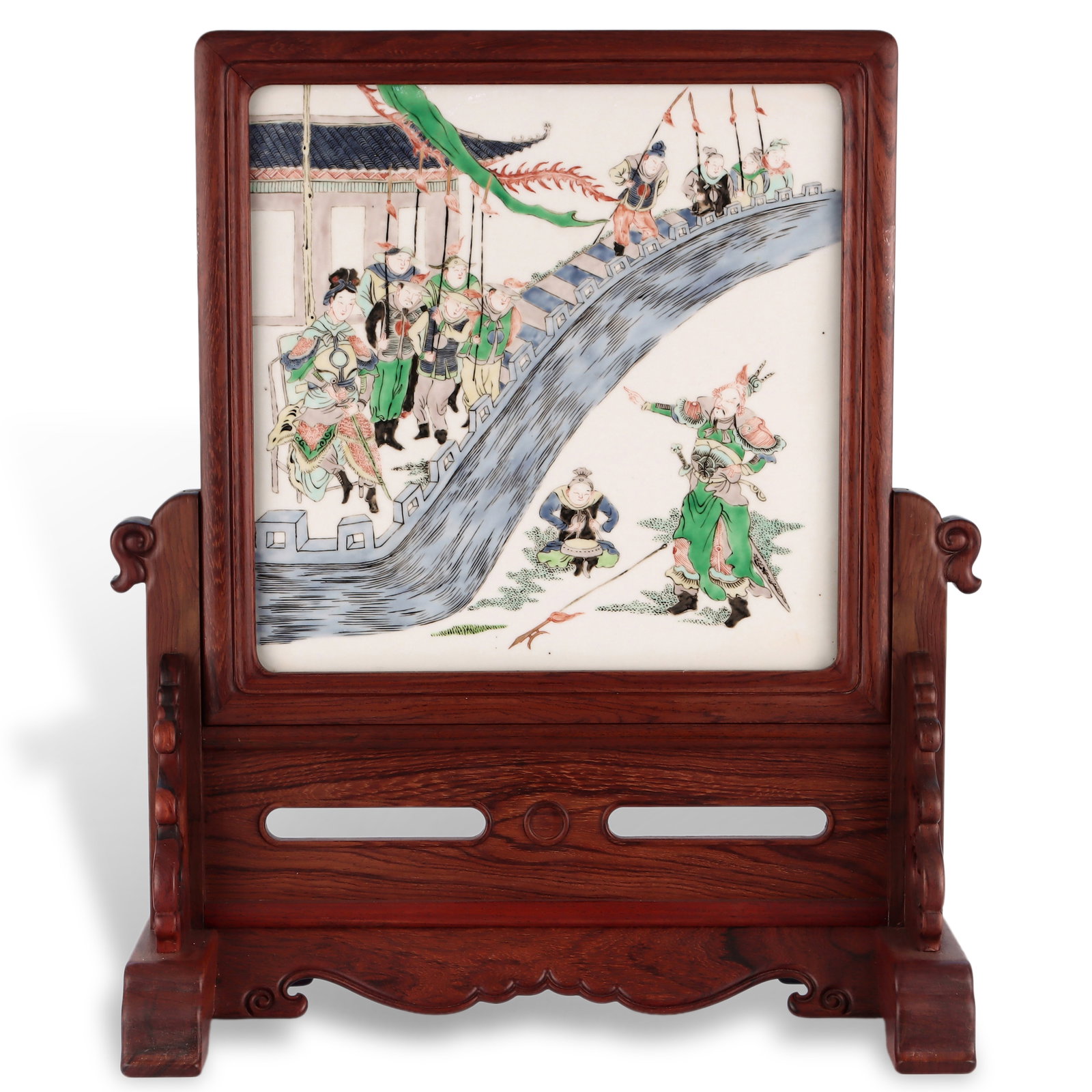 Qing Dynasty Kangxi Period, Screen with Narrative Figures in Wucai Enamel (1 of 6)