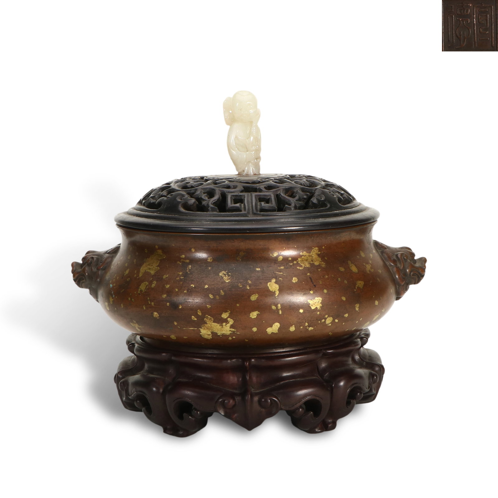 Ming Dynasty Xuande period, Sprinkled-gilt bronze beast-ear censer: H:21cm/H:7.9cm W:22.5cm