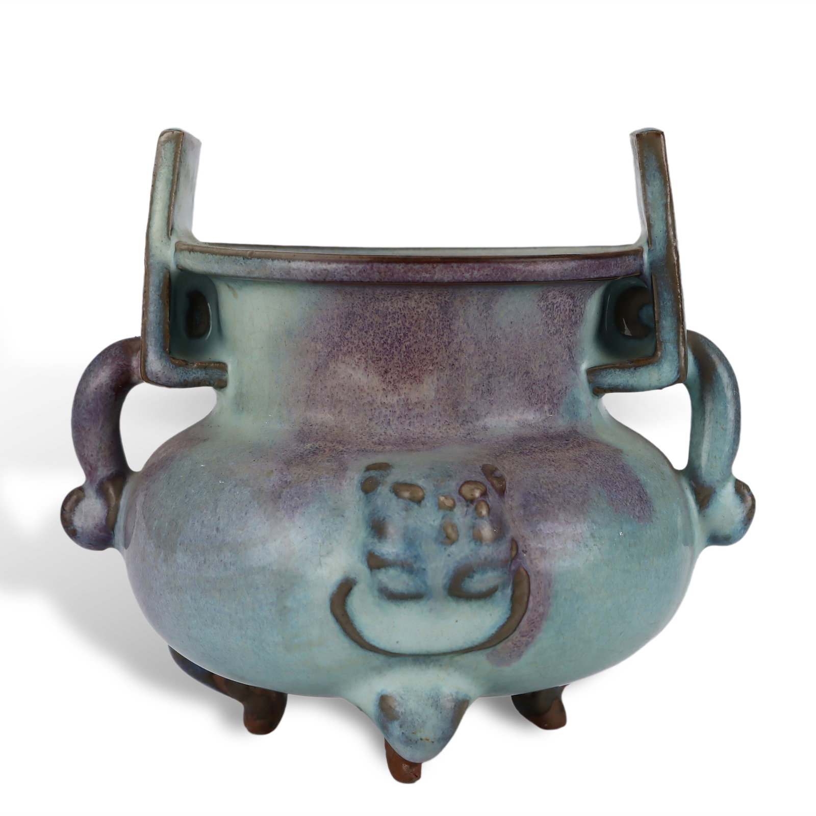 Yuan Dynasty Jun Kiln Tripod Censer with Animal Mask Handles: H:12.7cm W:14.5cm