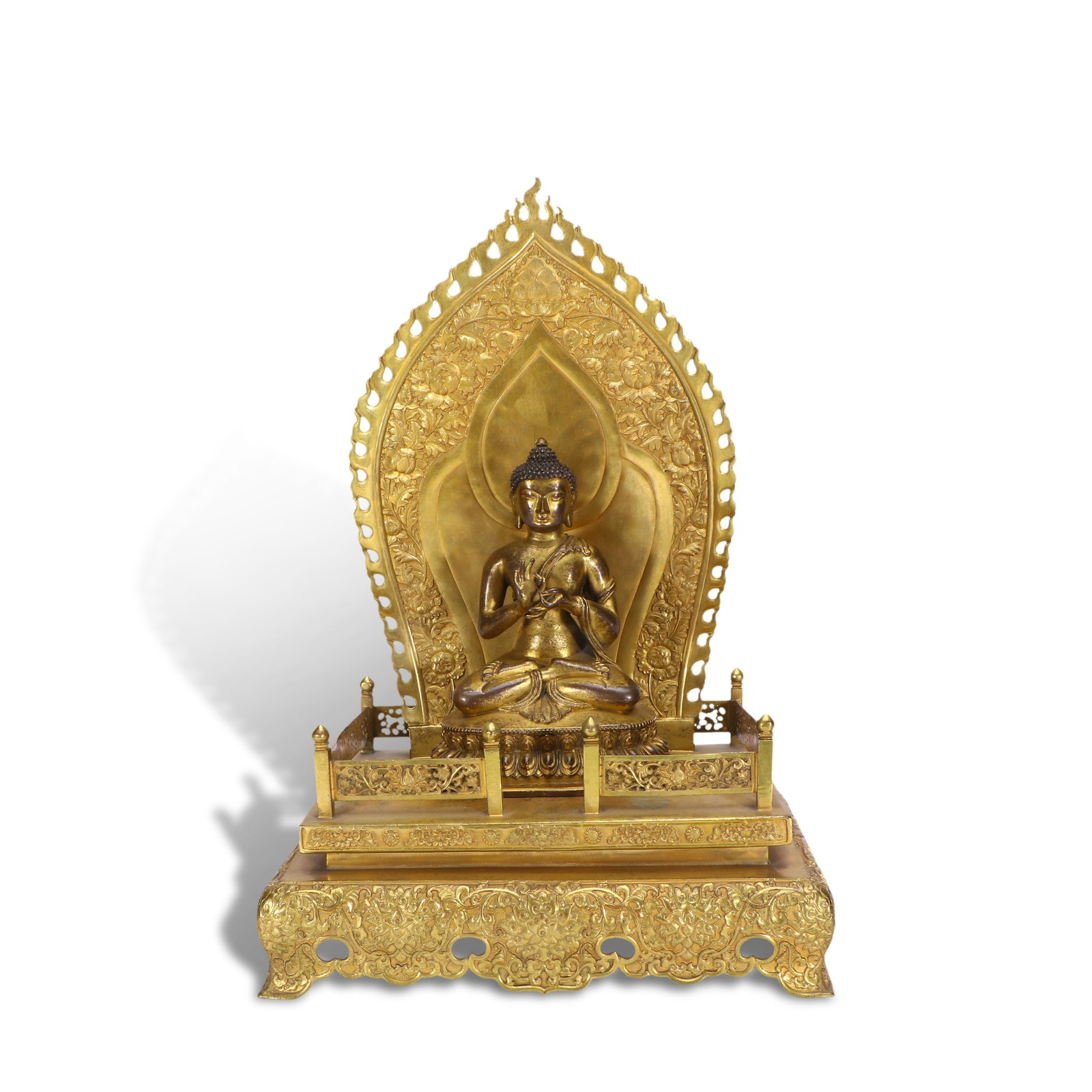 Qing Dynasty Gilt-bronze Sakyamuni Buddha statue with halo: H:38cm W:26cm