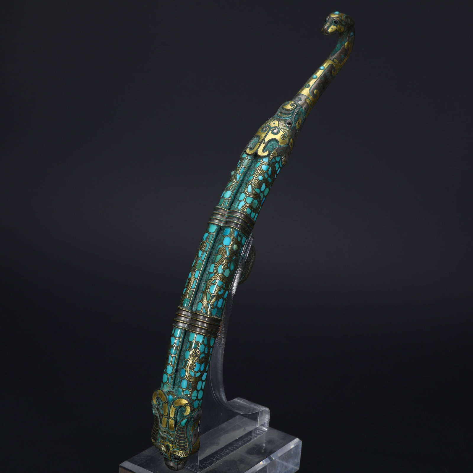 Warring States Period Bronze Belt Hook with Dragon Head, Gold and Silver Inlay and Turquoise Inlay: L:25cm W:2cm