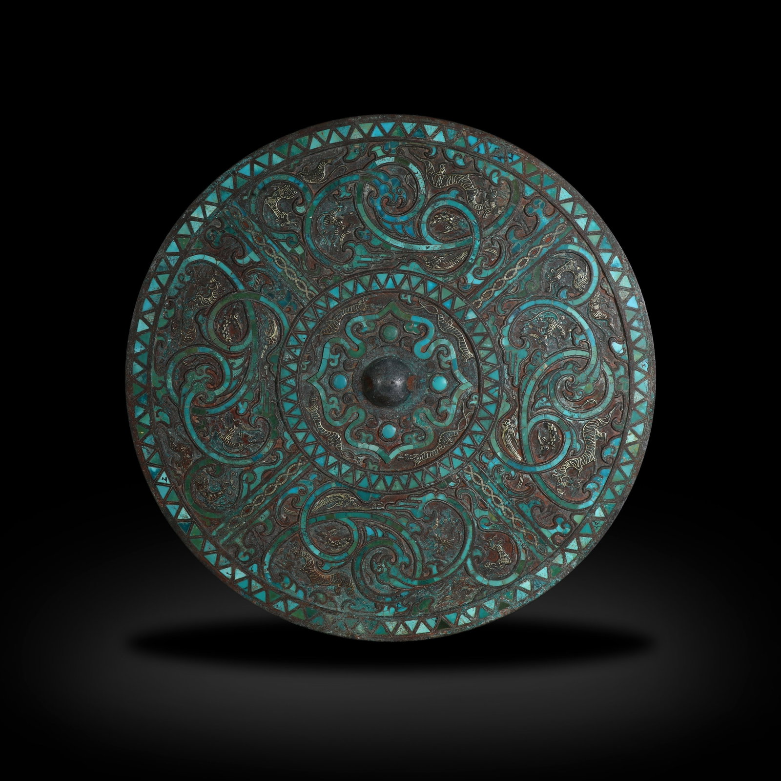Han Dynasty Bronze Mirror Inlaid with Gold, Silver and Turquoise: D:24.2cm