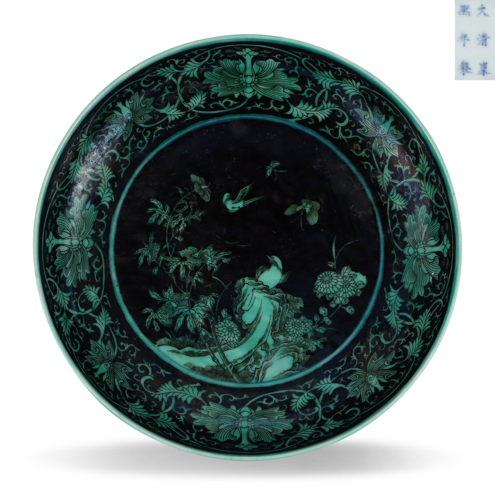 Qing Dynasty Kangxi Period, Dish with Flower and Bird in Green Enamel on Black Ground (1 of 6)