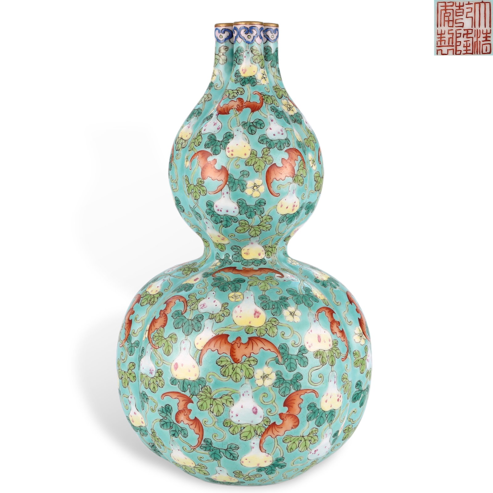 Qing Dynasty Qianlong Period, Triple Gourd Vase with "Blessings, Rank and Longevity Eternal" on: H:33cm W:19cm