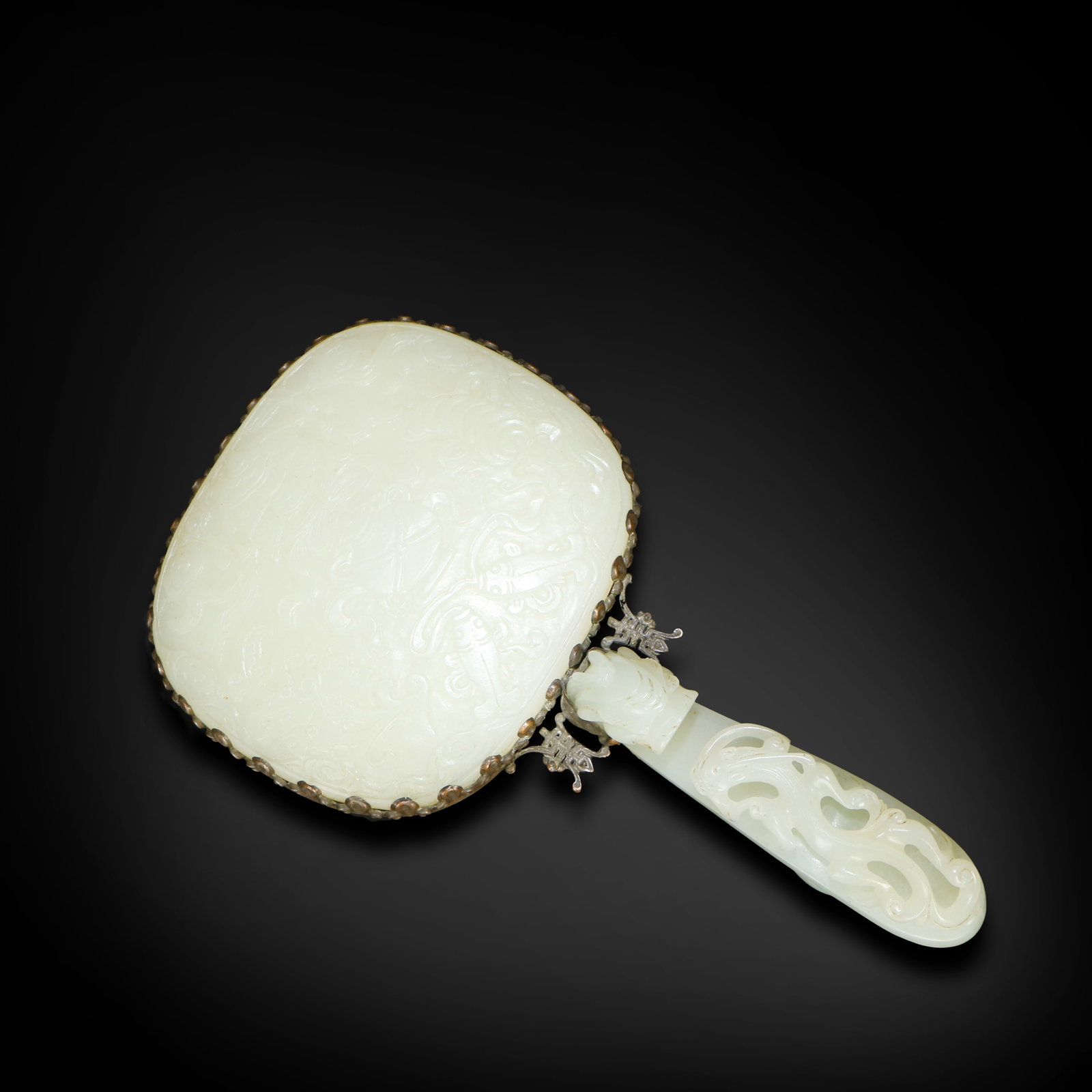 Qing Dynasty Bronze-handled hand mirror with Hetian white jade dragon hook and jade-inlaid "tile" (1 of 5)