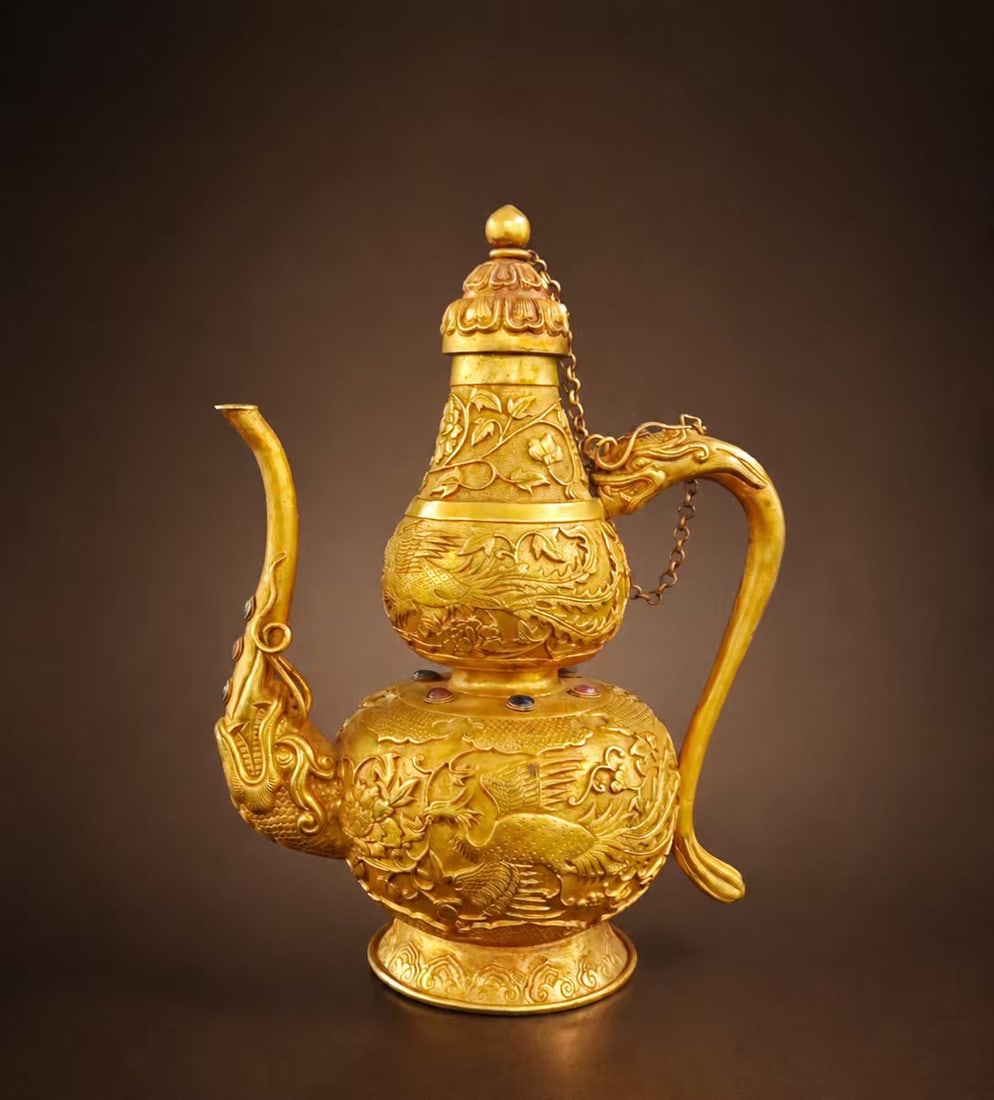 Tang Dynasty Gilded Silver Wine Ewer with Phoenix Through Floral Scrolls: H:9cm Wt:417g