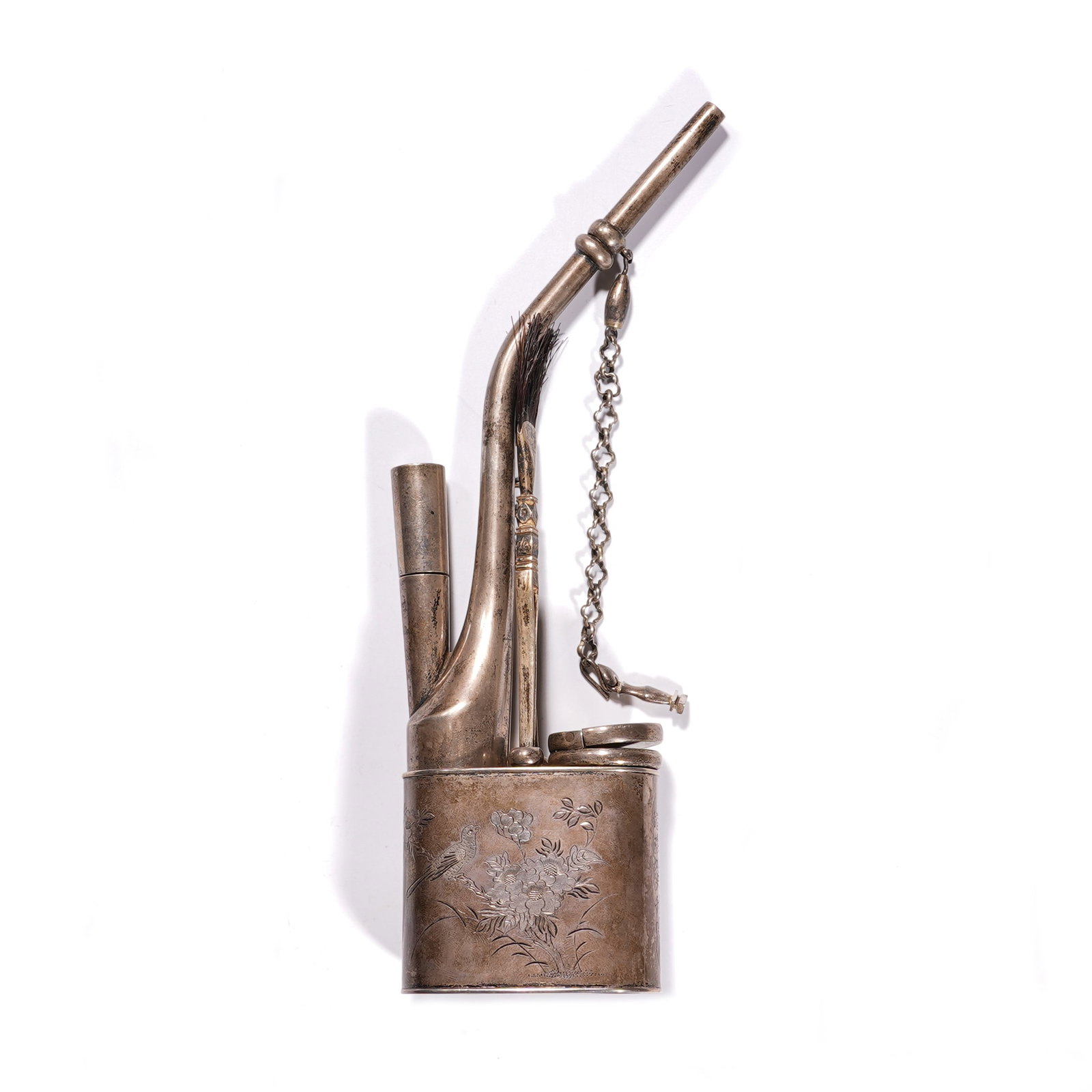 Qing Dynasty a set of silver water pipe with flower, bird patterns and inscriptions (1 of 4)