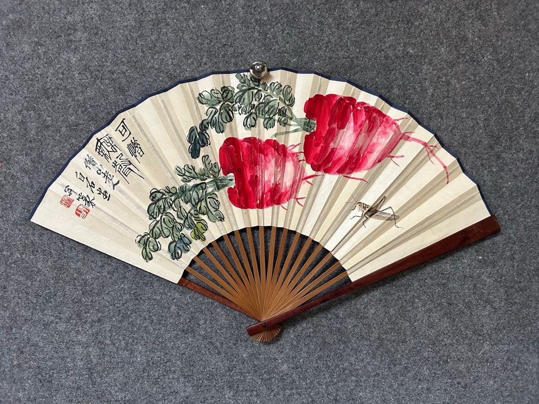 Folding Fan, Collaborative Works by Qi Baishi and Wang Fuchang: 50x18cm