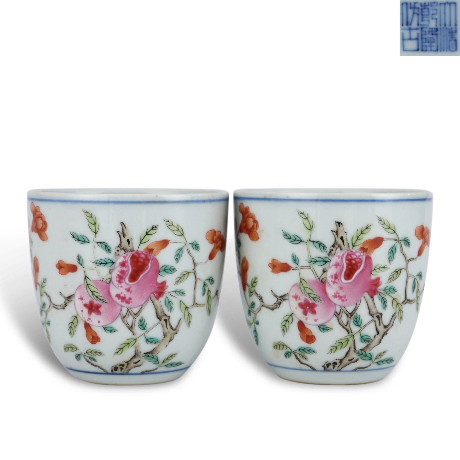 Qing Dynasty Qianlong Period, Pair of Cups with Pomegranate and Floral in Famille Rose: H:6cm D:6.7cm