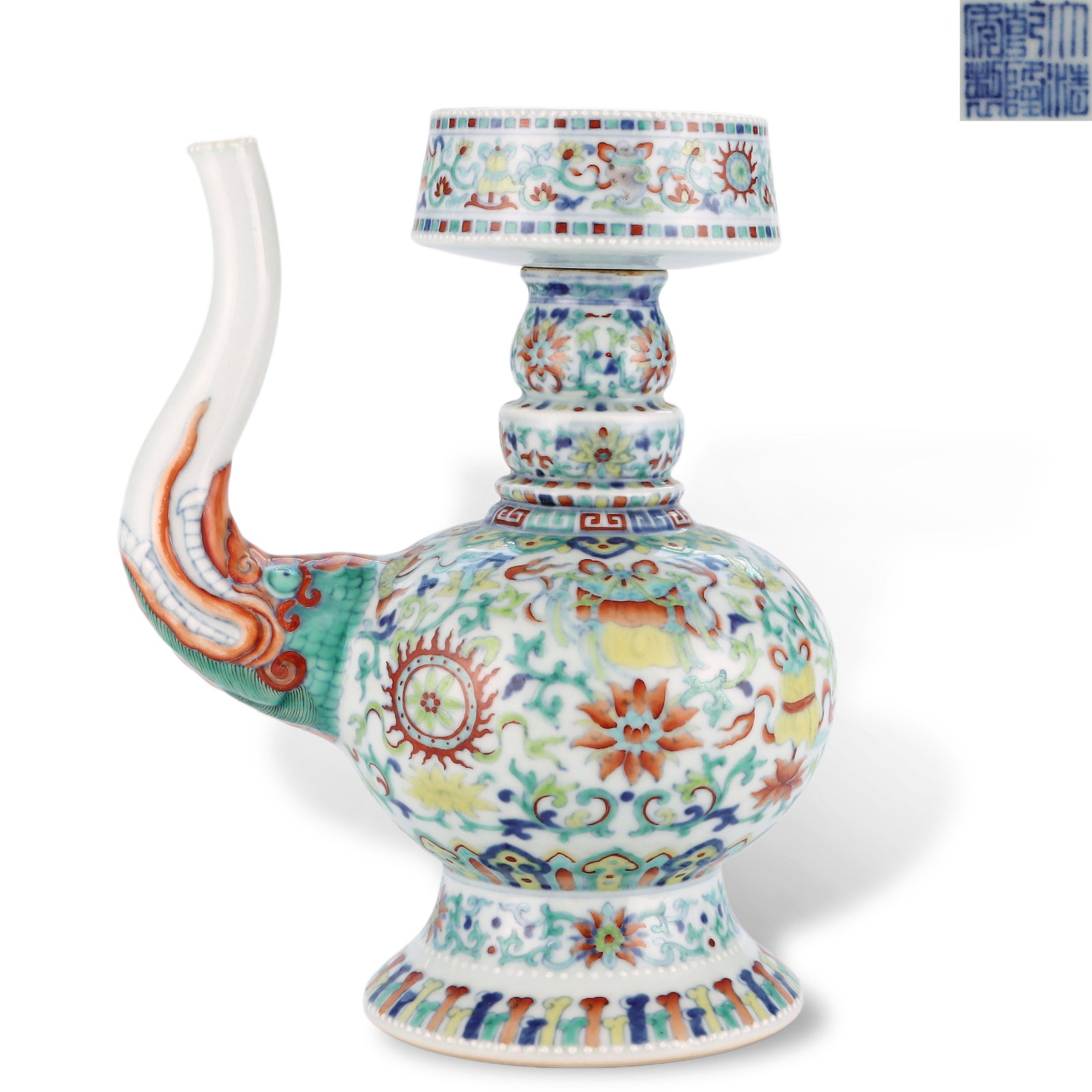 Qing Dynasty Qianlong Period,Bumpa Ewer with Eight Auspicious Symbols on Lotus Bases in Doucai: H:19.8cm W:17.7cm
