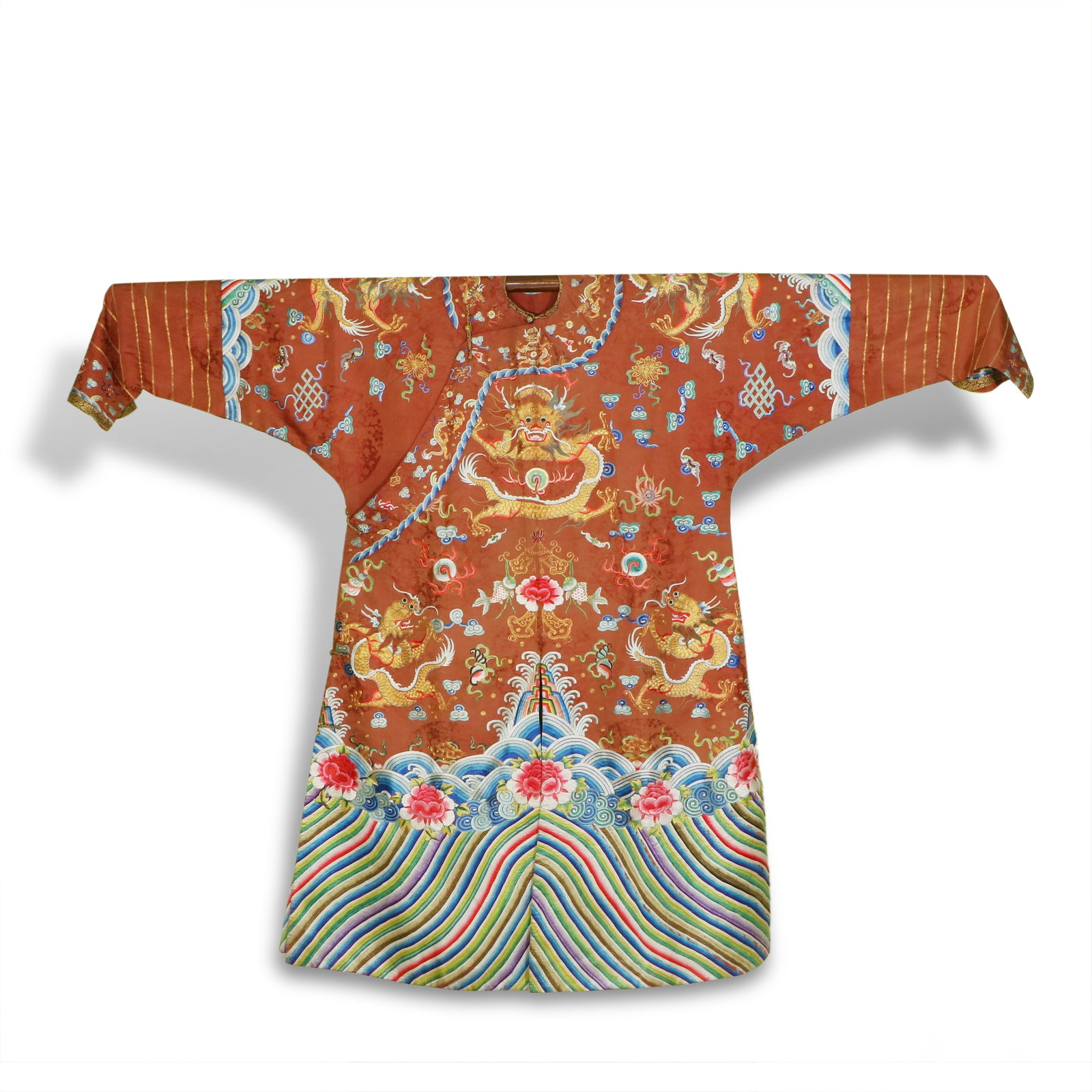 Qing Dynasty Festive robe with coiled golden dragon motifs on a crimson ground, polychrome (1 of 7)