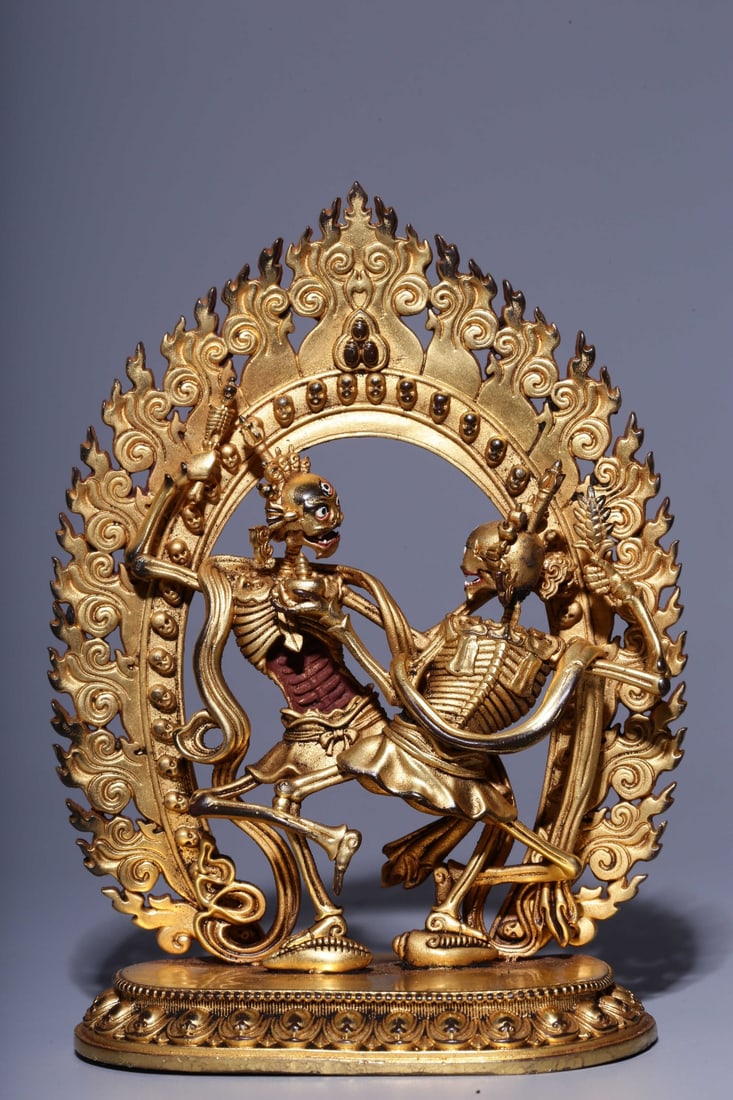 Qing Dynasty Gilded Bronze Statue of Citipati: H:12.3cm W:8.3cm