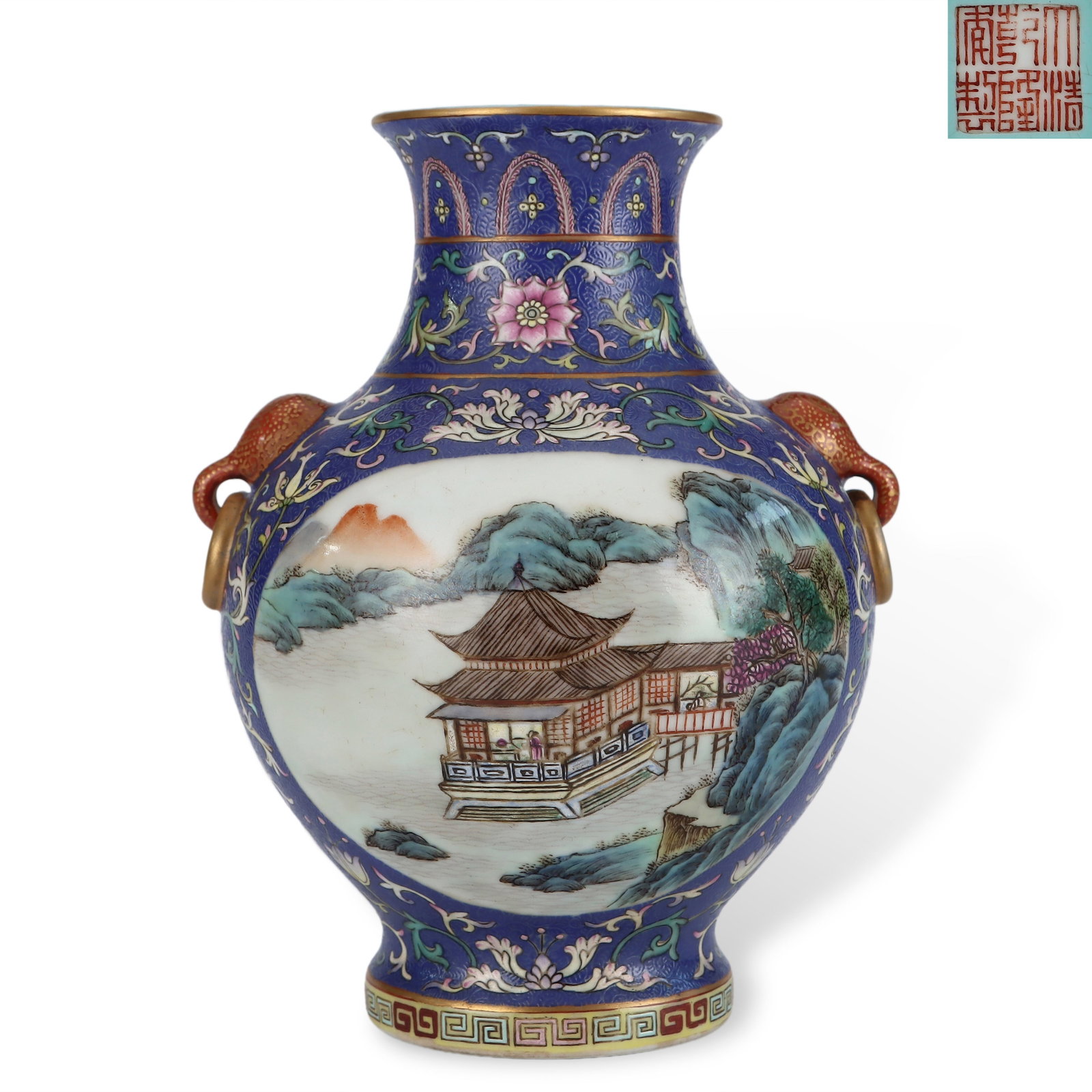 Qing Dynasty Qianlong Period, Two-Eared Zun Vase with Landscapes and Figures in Panels on Blue (1 of 6)