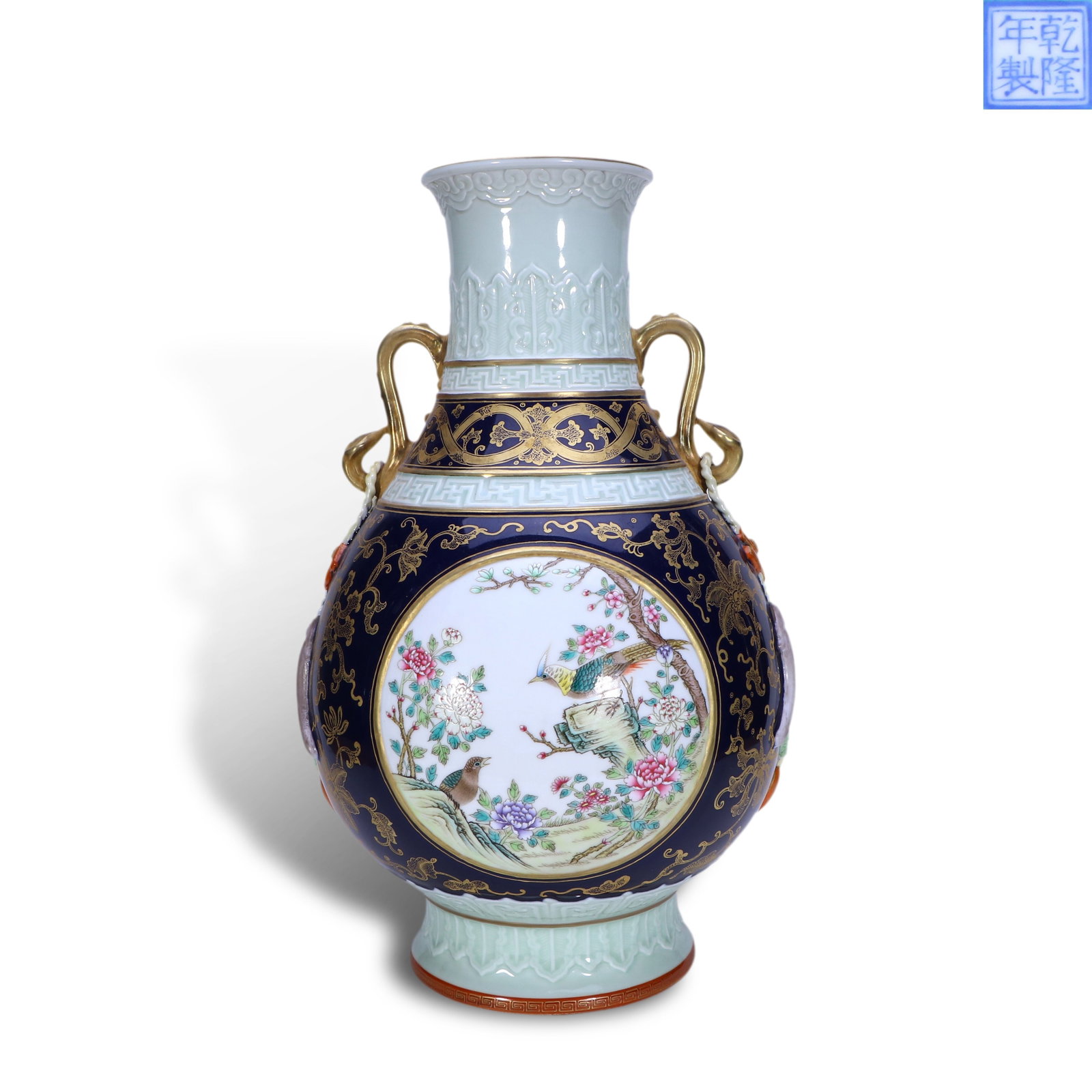 Qing Dynasty Qianlong Period,Blue Glaze Gilt Zun with Famille Rose Bird-Flower Cartouches and Double: H:40cm W:23cm