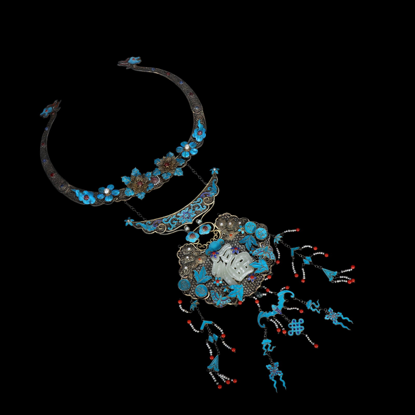 Qing Dynasty, Gilt Silver Filigree & Kingfisher Feather Necklace Inlaid with Jade: L:46cm W:22.5cm