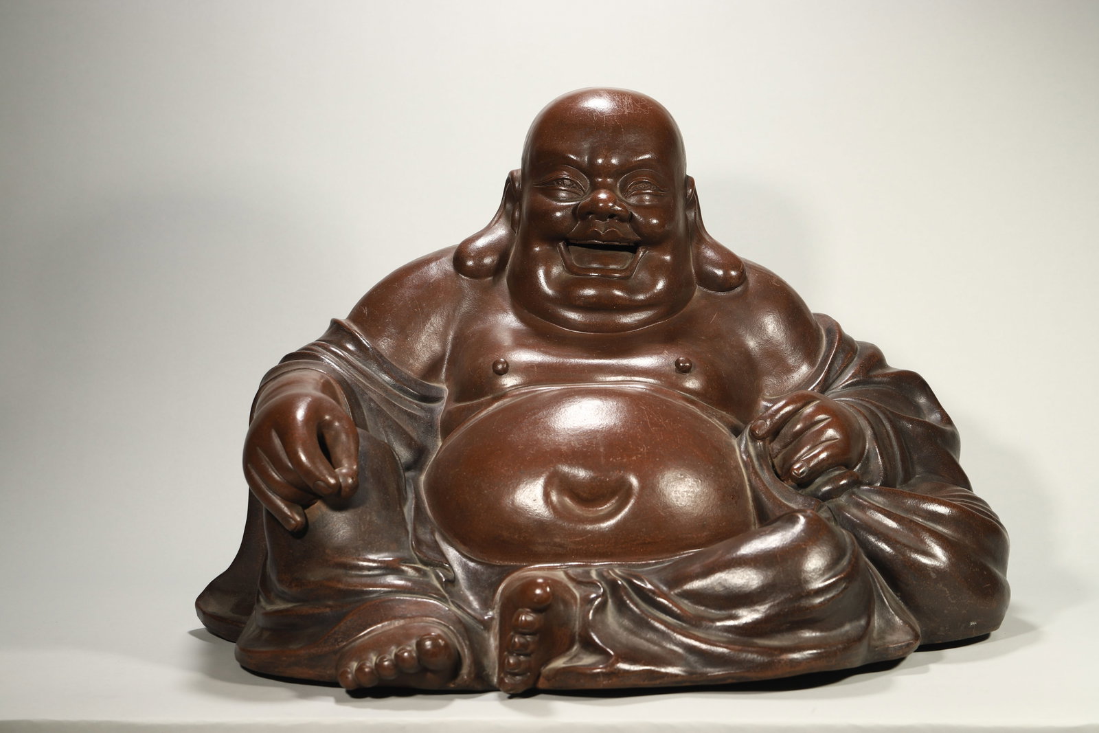 Qing Dynasty Zisha Sculpture of Maitreya Buddha: H:41.5cm W:64cm