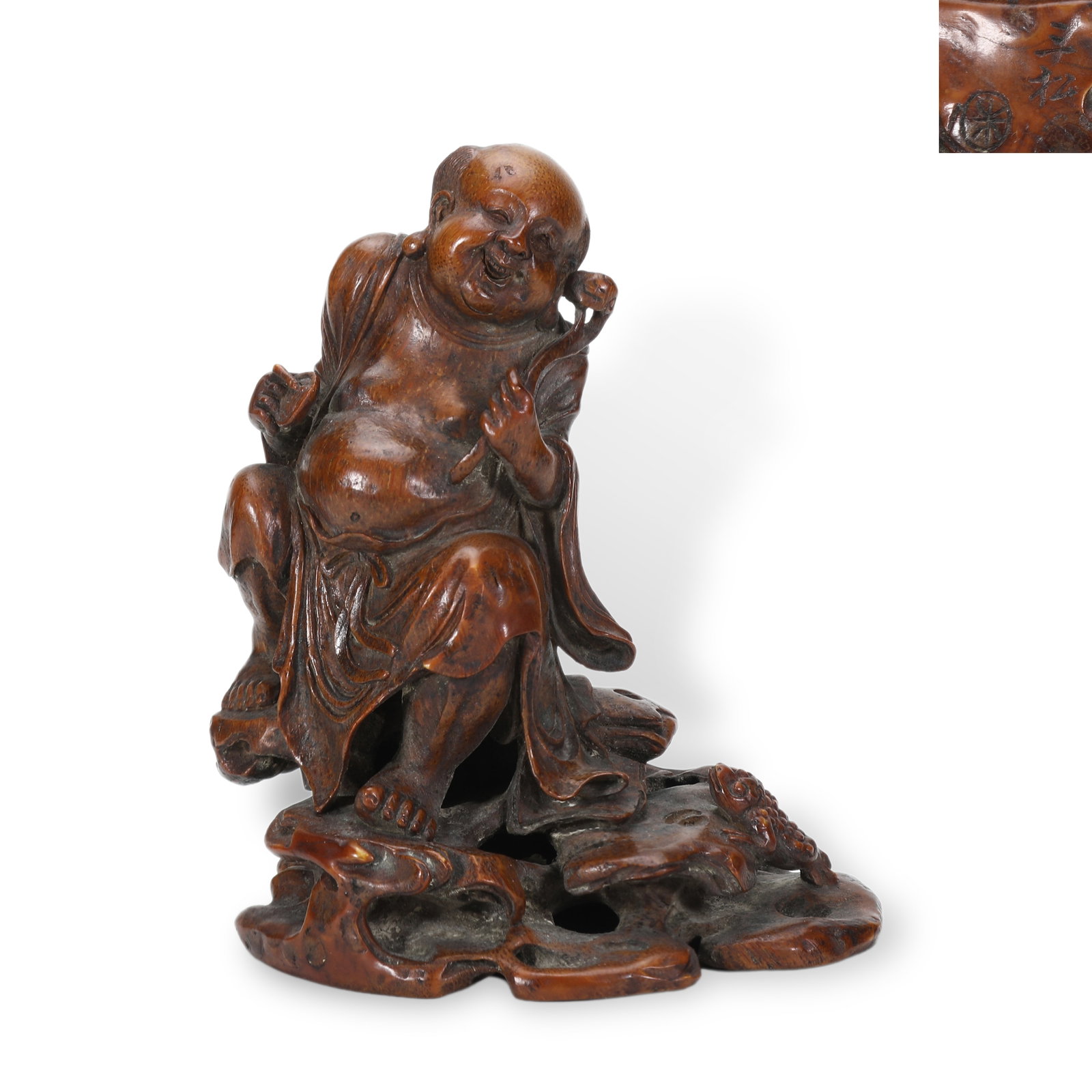 Ming Dynasty Made by Zhu Sansong,Bamboo Carving of Liu Hai Playing with Golden Toad: H:14cm W:12cm