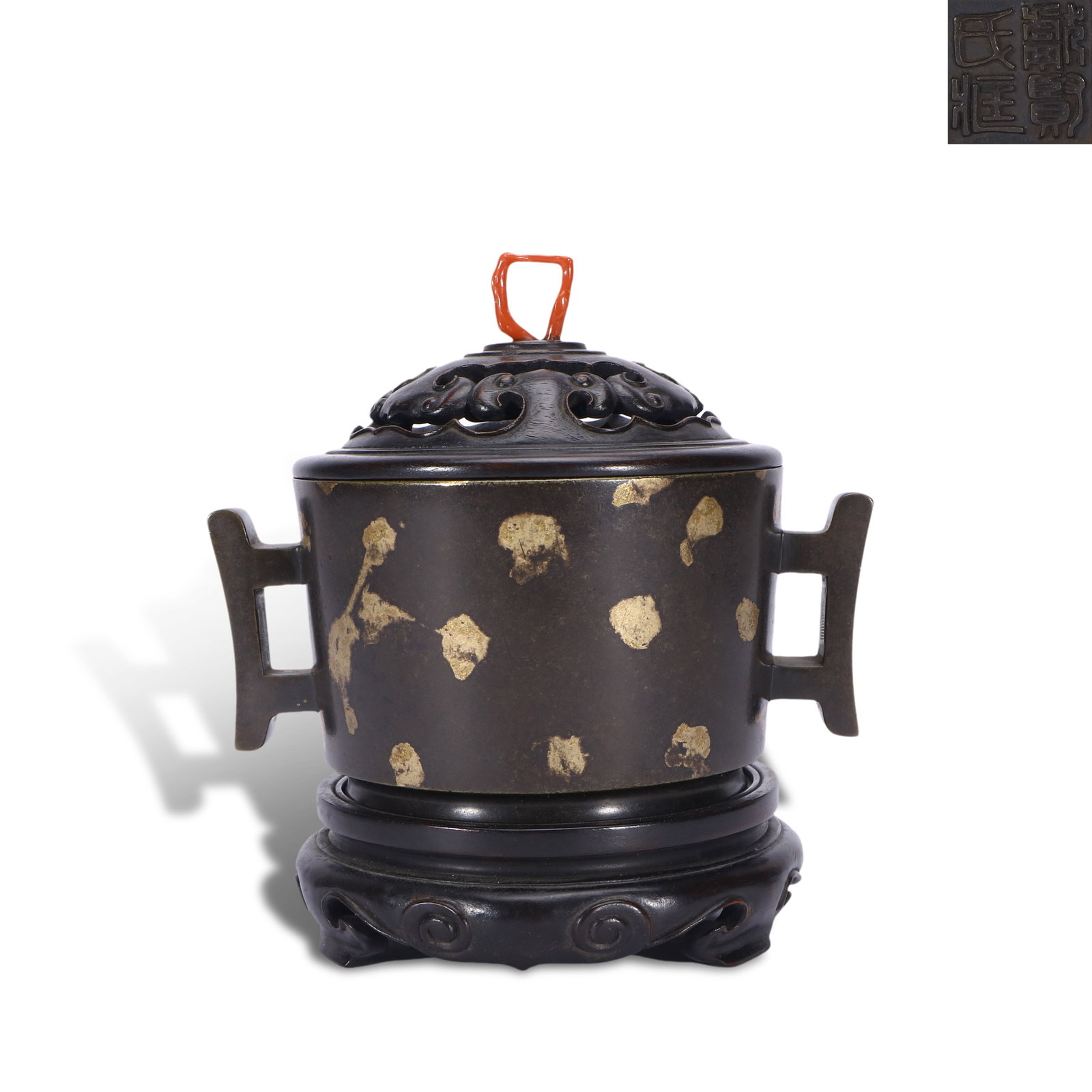 Ming Dynasty Bronze sprinkled-gold halberd-ear censer, marked "Xianxian Shi Collection": H:15cm W:15cm Wt:1200g