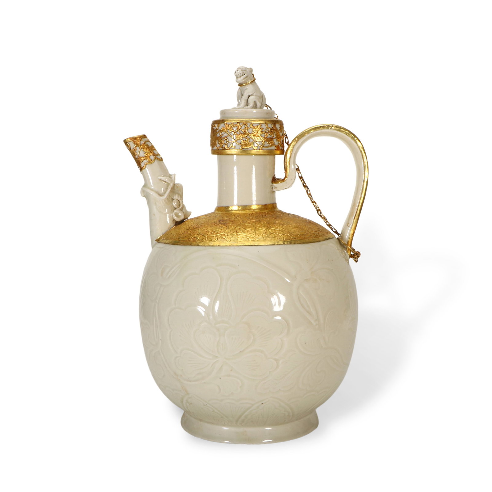 Song Dynasty Gilded and inlaid, Ding kiln, white glaze, incised floral pattern, animal-shaped handle: H:30cm W:20cm