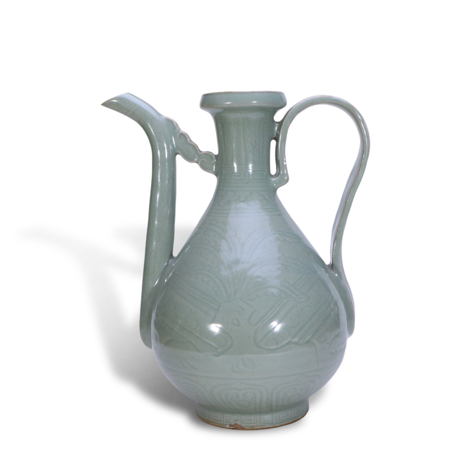 Yuan Dynasty Longquan Kiln Celadon Glaze Ewer with Incised Floral Patterns: H:31.5cm W:25cm