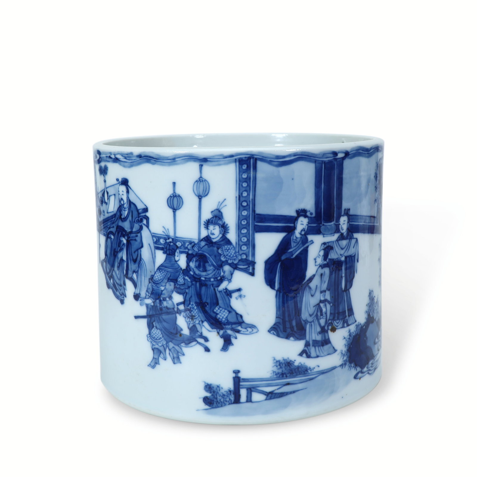 Qing Dynasty Kangxi Period, Brush Pot with Narrative Figures in Underglaze Blue: H:16cm D:19cm