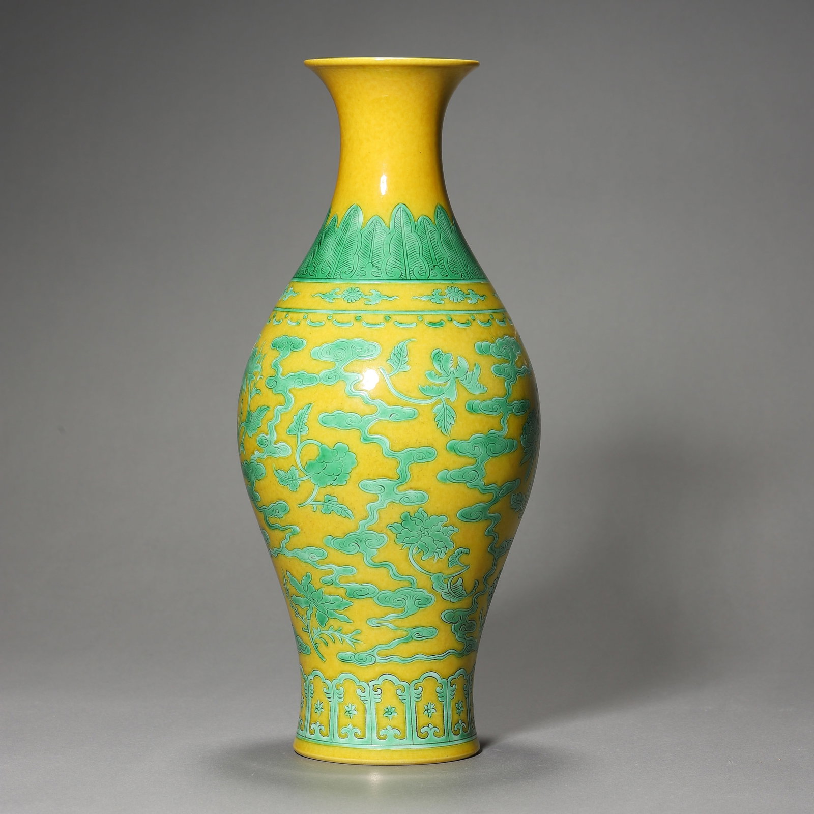 Qing Dynasty Yongzheng Period, Olive-Shaped Vase with Lotus Pond in Green Enamel on Yellow Ground: H:30cm