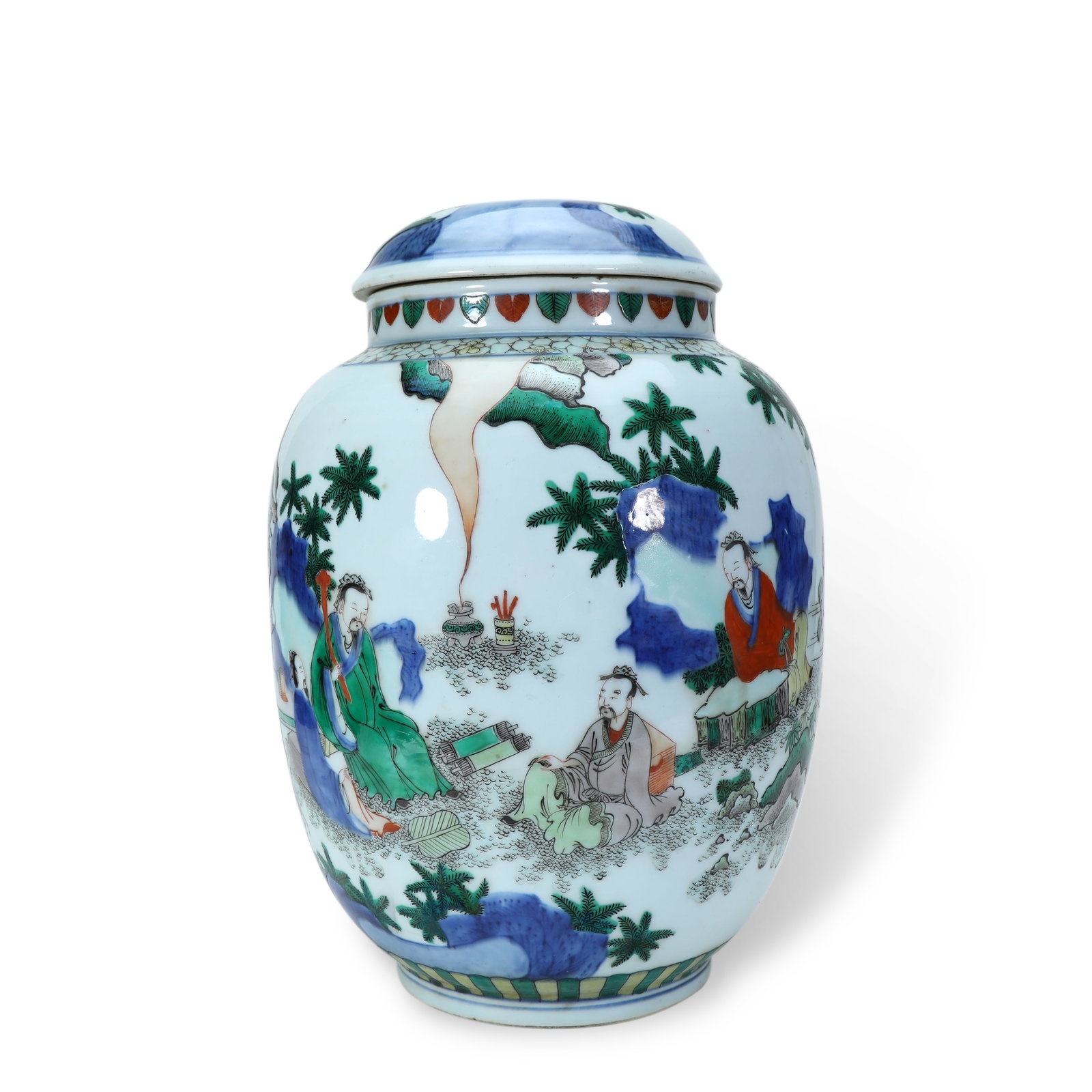 Qing Dynasty Shunzhi Period,Lotus Seed Jar with Recluse Figures in Underglaze Blue and Wucai Enamel: H:30cm D:21.5cm