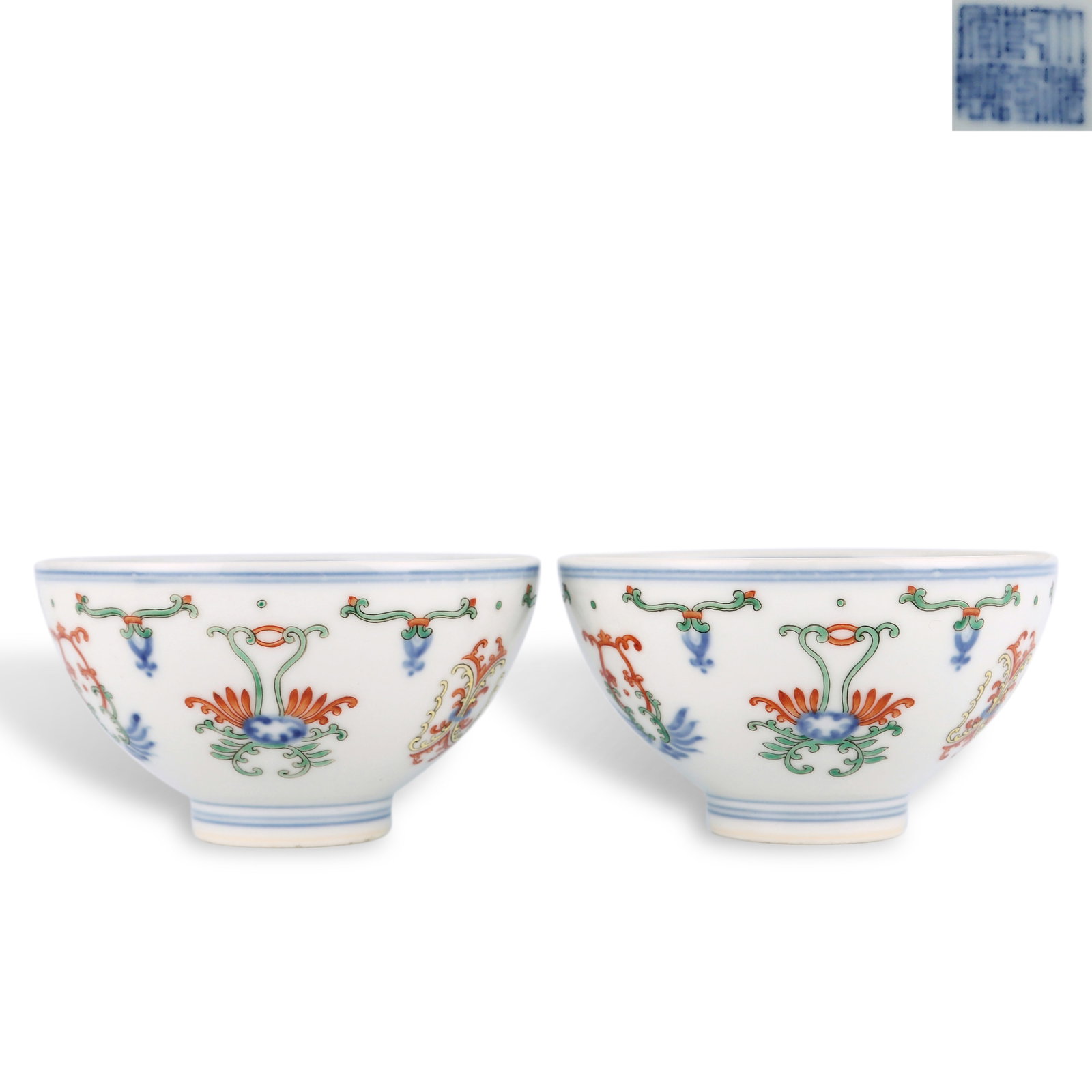Qing Dynasty Qianlong Period, A Pair of Small Doucai Cups with Honeysuckle Scrolls: H:5.7cm D:10.2cm
