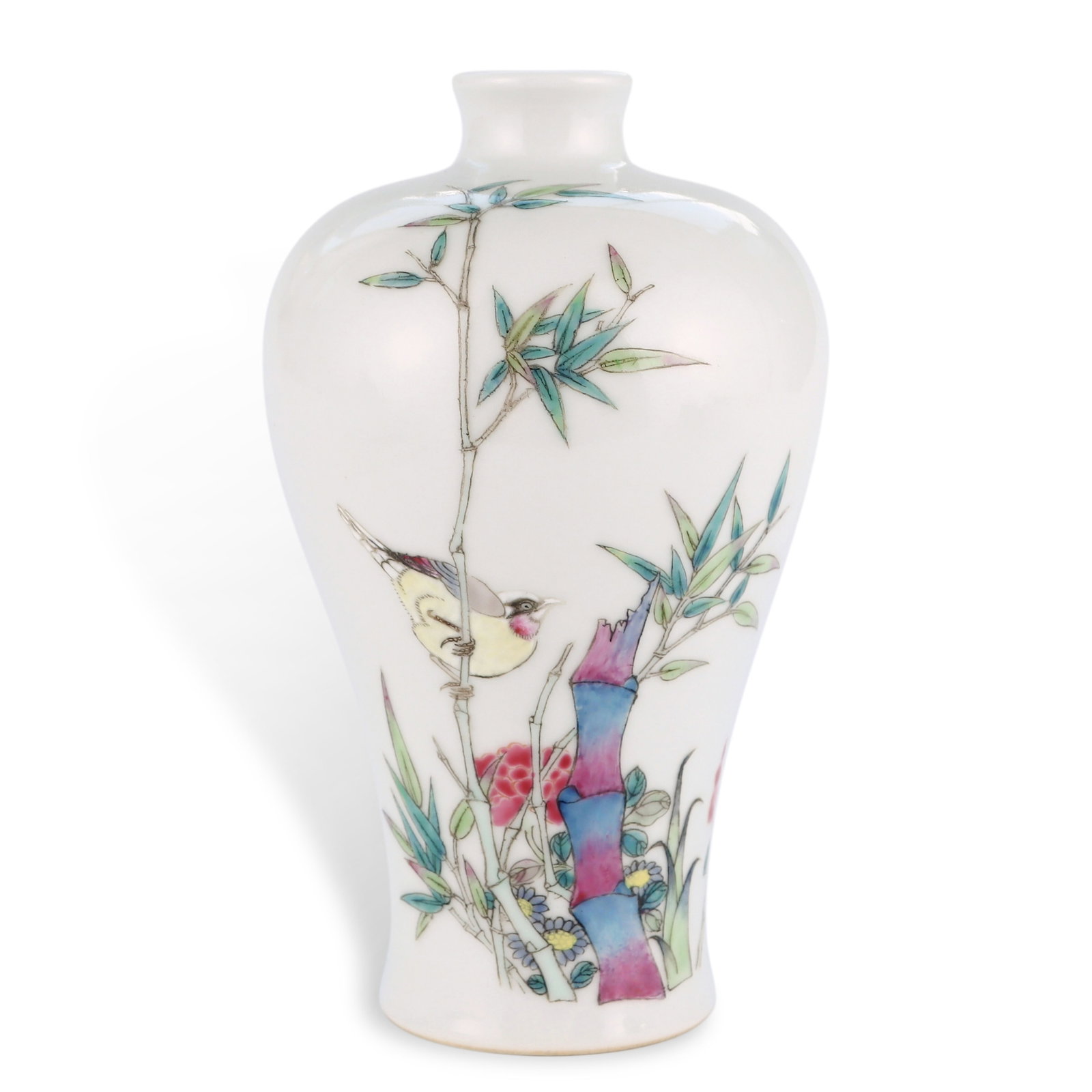 Qing Dynasty Meiping Vase with Flower and Bird Designs in Falangcai Enamel: H:15.7cm D:9.5cm