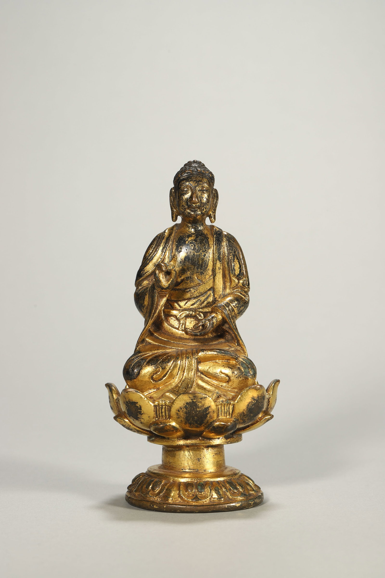 Liao Dynasty Gilded Bronze Shakyamuni Buddha on Lotus Base: H:13.5cm W:6.5cm