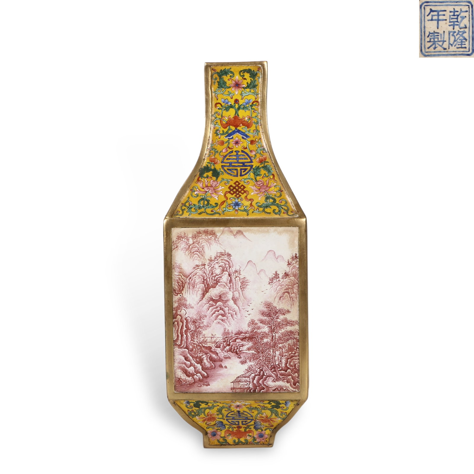 Qing Dynasty Qianlong Period, Square Vase with Landscape Panels, Painted Enamel on Copper: H:18.4cm W:6.6cm
