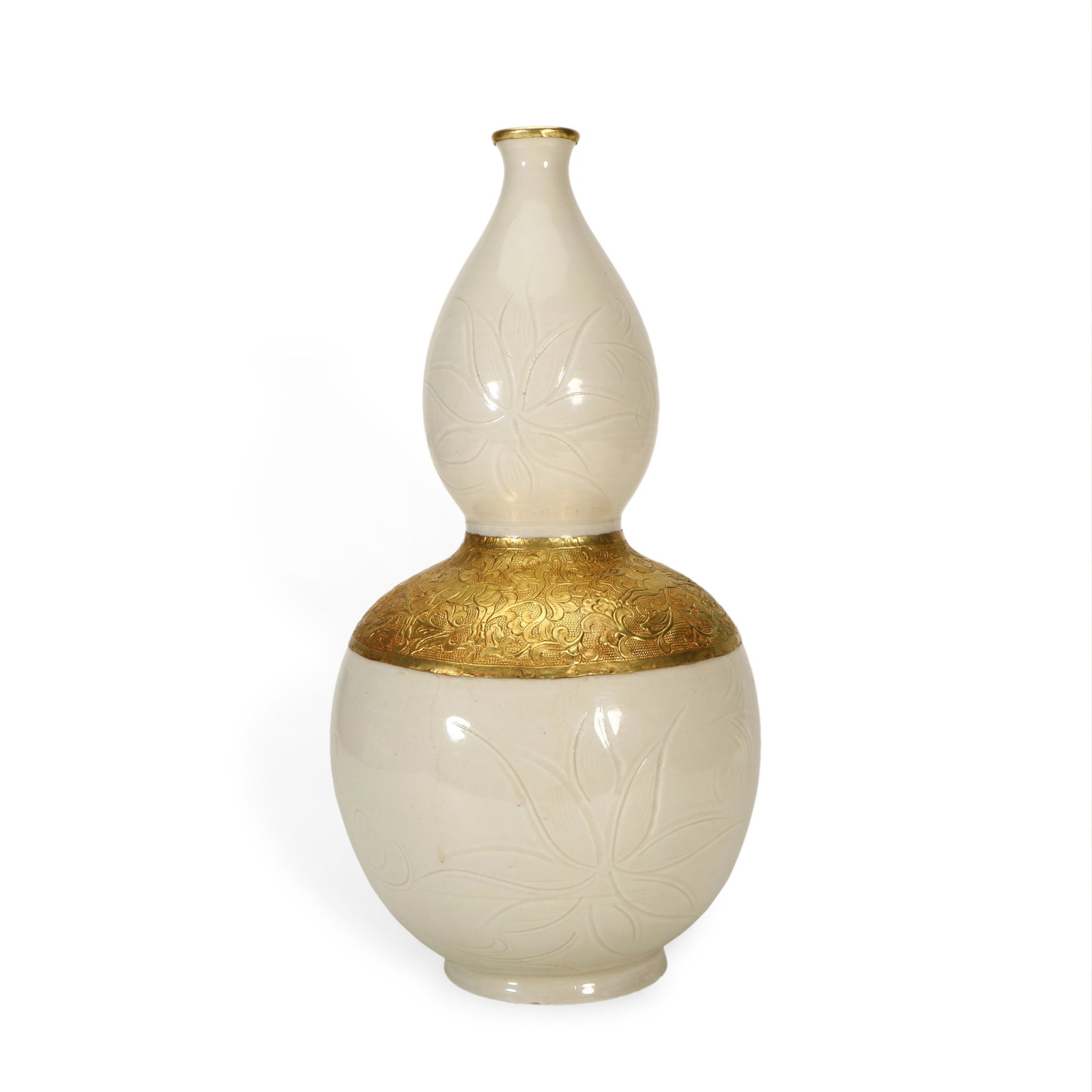 Song Dynasty Gilded and inlaid Ding kiln white porcelain incised flower pattern gourd vase: H:28cm D:14cm