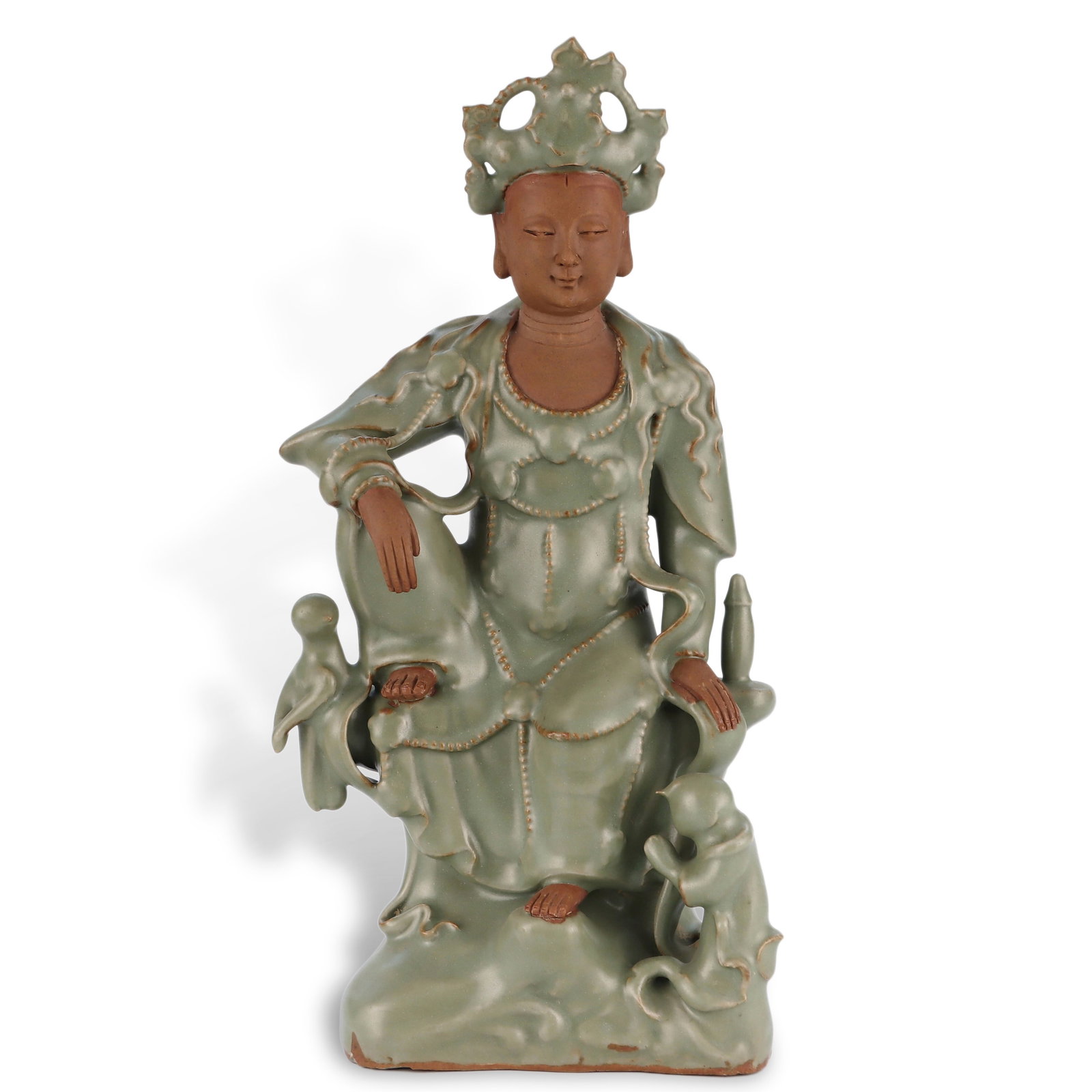 Yuan Dynasty Longquan Kiln, Celadon Relaxed Avalokite?vara Statue: H:28.3cm W:14cm