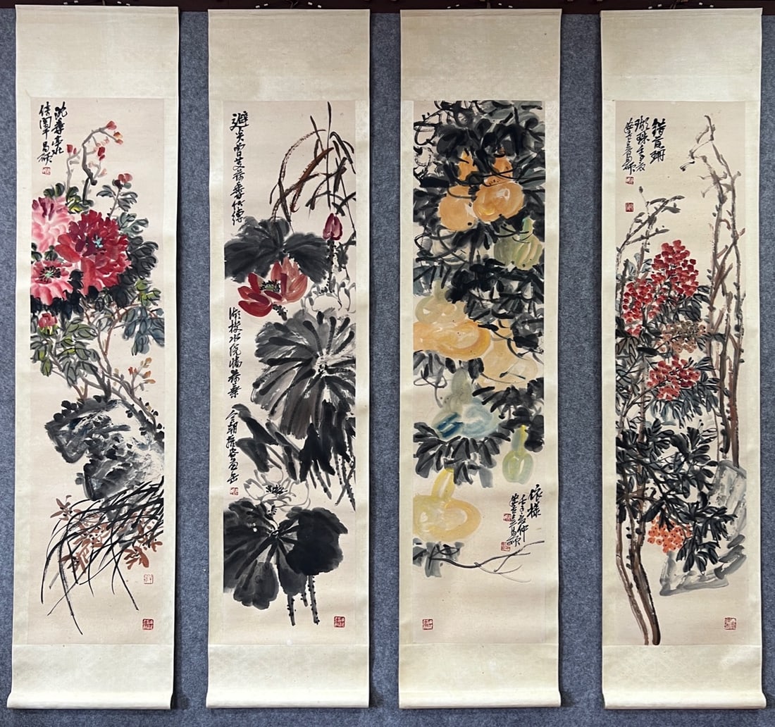 Wu Changshuo Four-Panel Floral Screen: 136x33cm