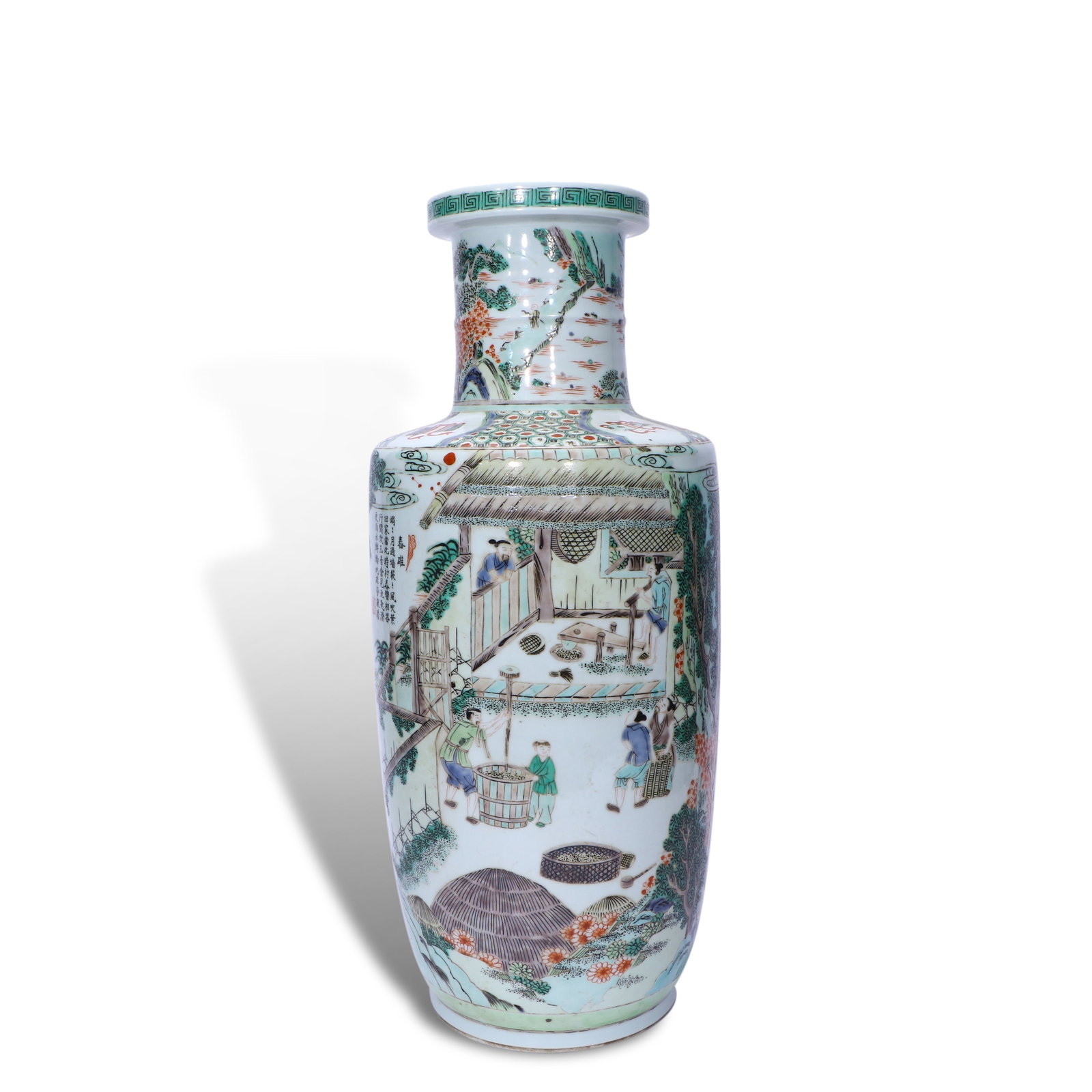 Qing Dynasty Kangxi period, Wucai mallet-shaped vase with "plowing and weaving" scenes: H:45cm D:19cm